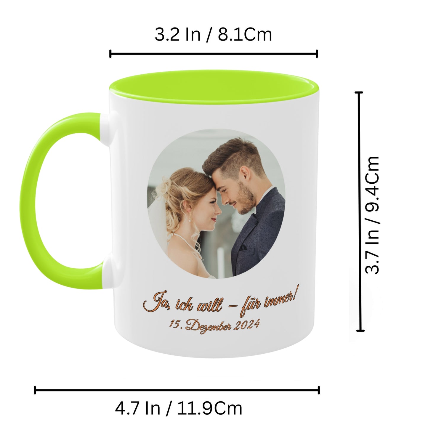 Personalisierte Tasse, weiß/hellgrün, 325 ml, Geschenkidee mit Foto, Text oder Logo, Kreisdesign