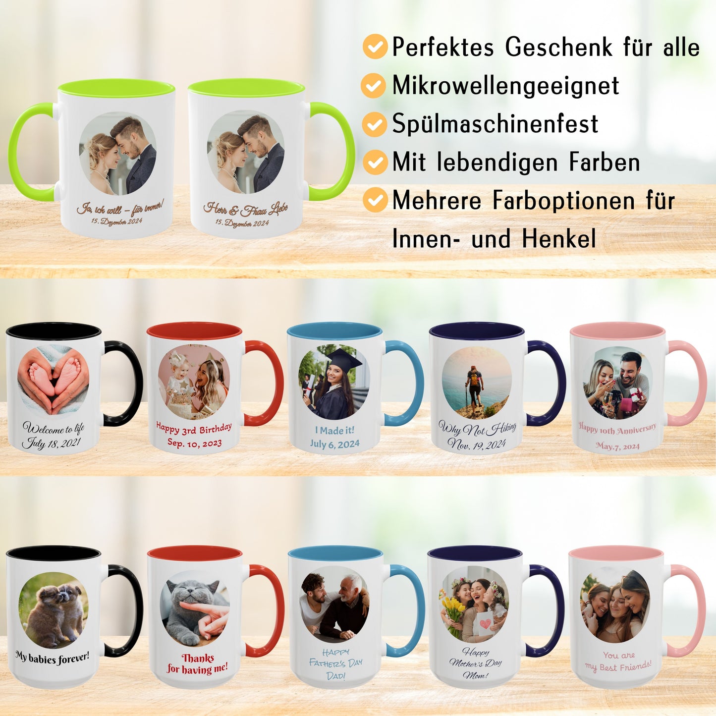 Personalisierte Tasse, weiß/hellgrün, 325 ml, Geschenkidee mit Foto, Text oder Logo, Kreisdesign