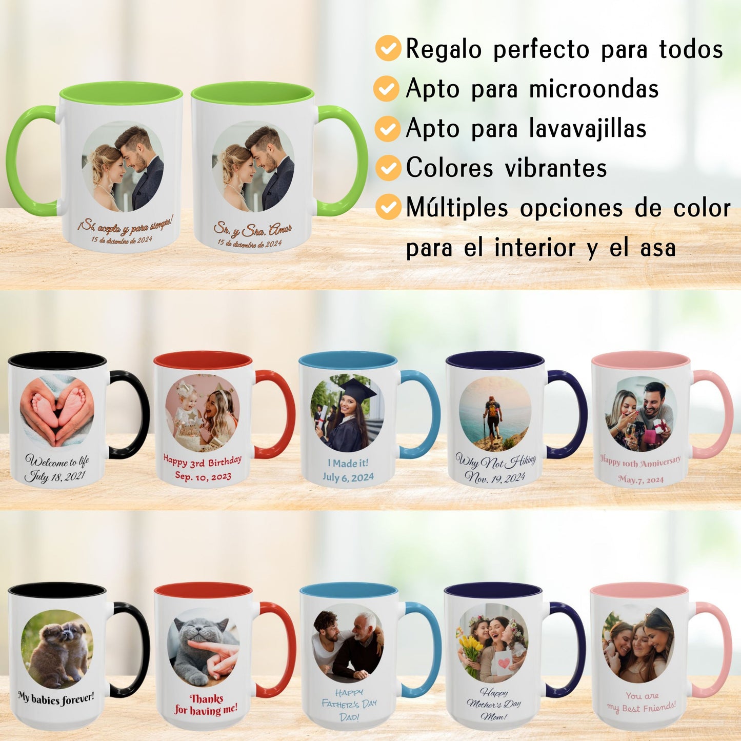 Taza personalizada, 325ml Blanco/verde claro Diseño circular Cerámica Taza de café, Regalo personalizado con foto, texto o logo