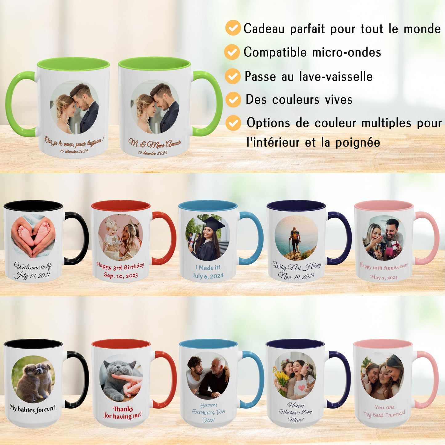 Tasse personnalisée, Mug en céramique 325 ml blanc/vert clair motif cercle, Cadeau personnalisé avec photo, texte ou logo