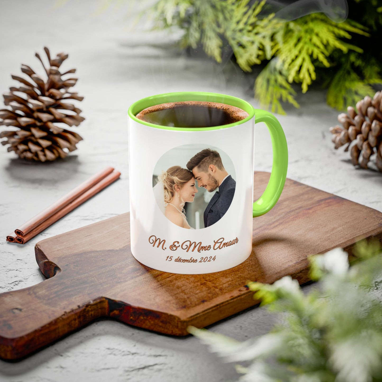 Tasse personnalisée, Mug en céramique 325 ml blanc/vert clair motif cercle, Cadeau personnalisé avec photo, texte ou logo