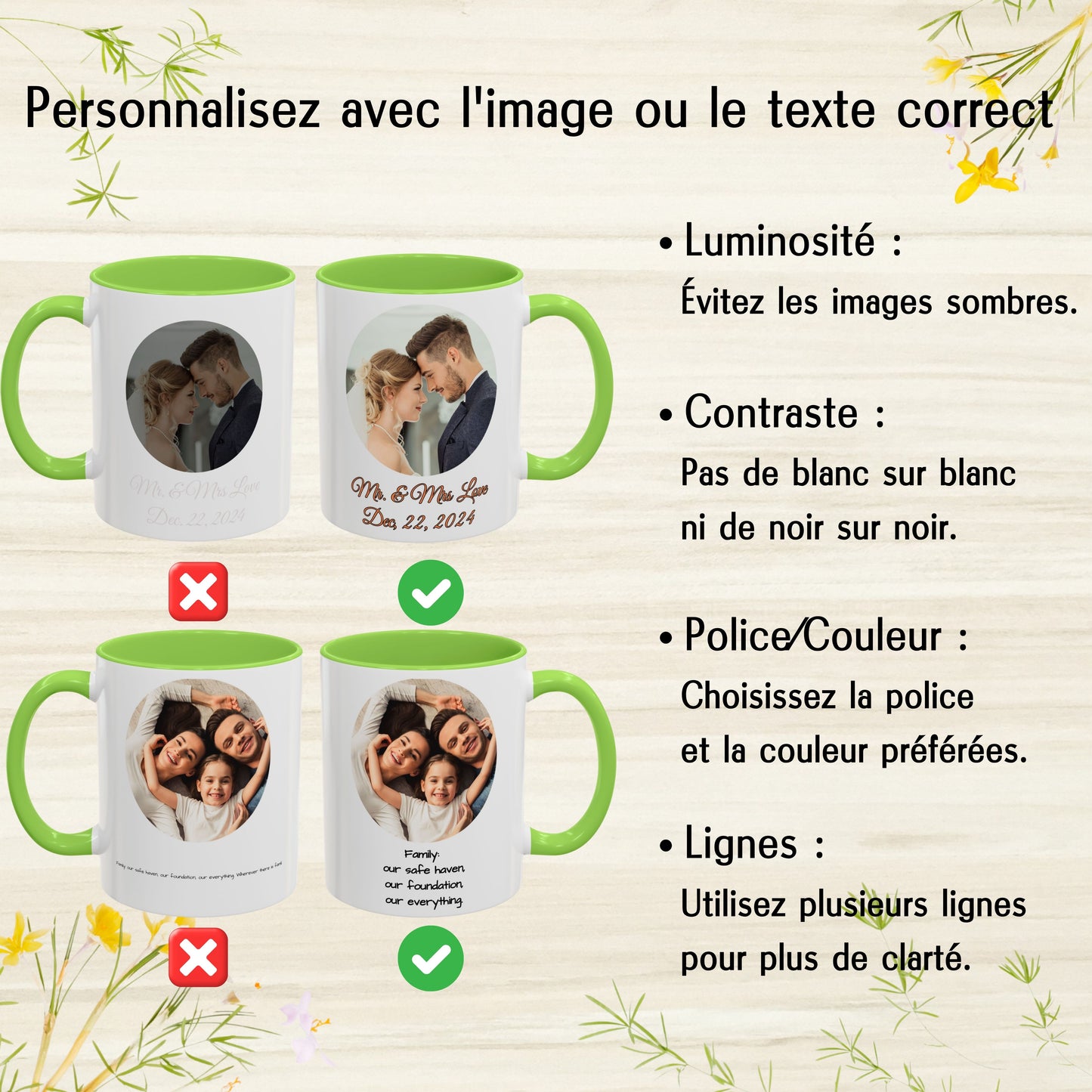 Tasse personnalisée, Mug en céramique 325 ml blanc/vert clair motif cercle, Cadeau personnalisé avec photo, texte ou logo