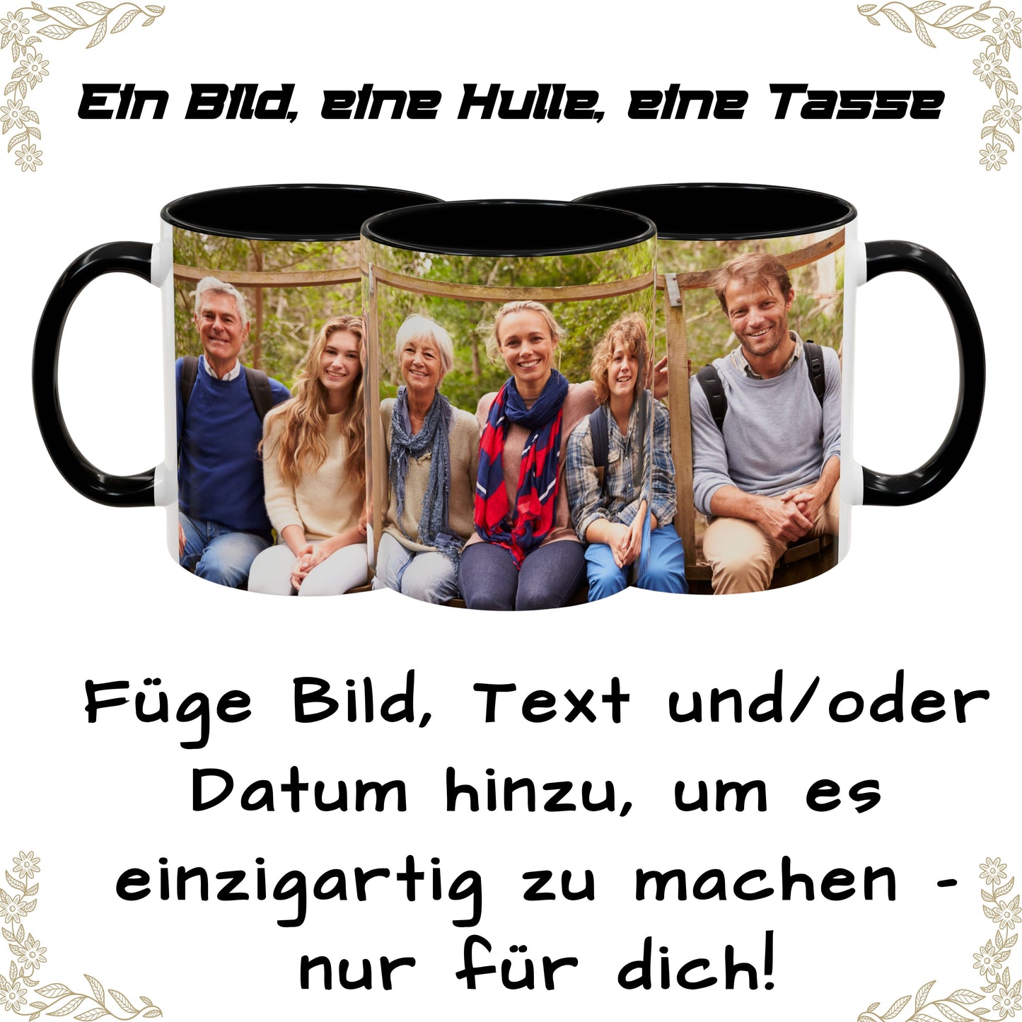 Personalisierte Tasse, 325ml Weiß/Schwarz Keramik-Kaffeetasse mit Rundumdesign, Personalisiertes Geschenk mit Foto, Text oder Logo