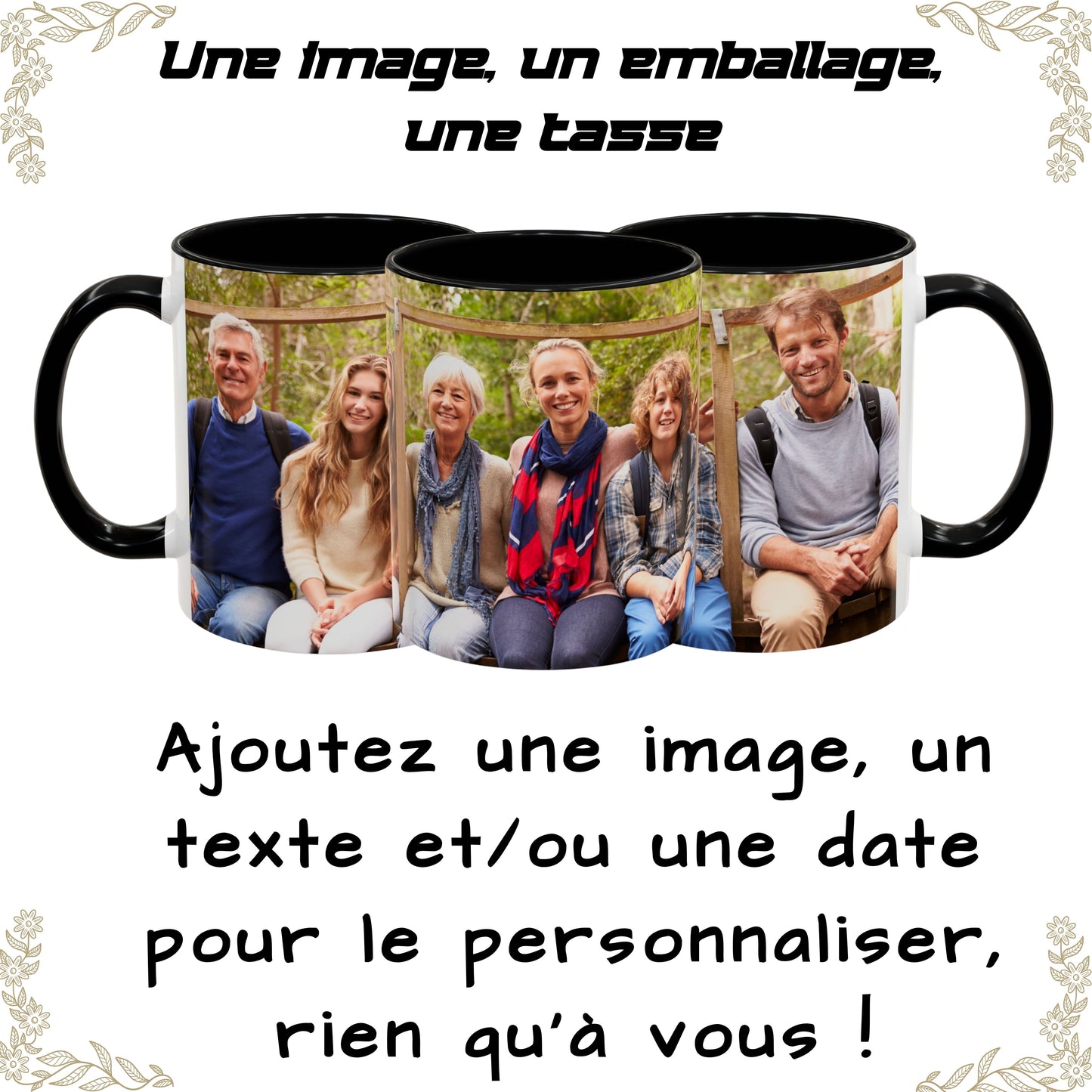 Personalisierte Tasse, 325ml Weiß/Schwarz Keramik-Kaffeetasse mit Rundumdesign, Personalisiertes Geschenk mit Foto, Text oder Logo