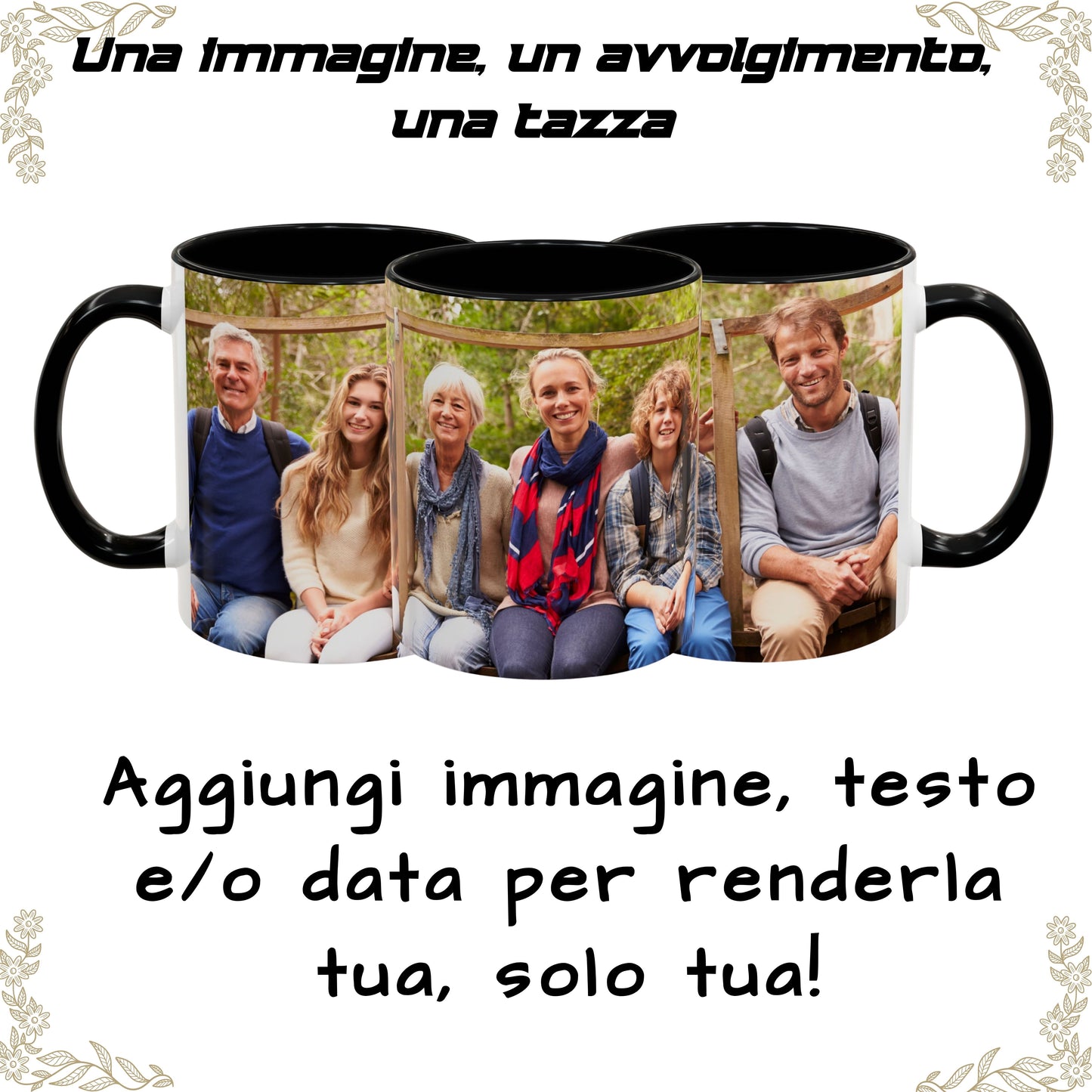 Mug personnalisé, 325 ml Blanc/Noir Motif enveloppant Tasse à café en céramique, Cadeau personnalisé avec photo, texte ou logo