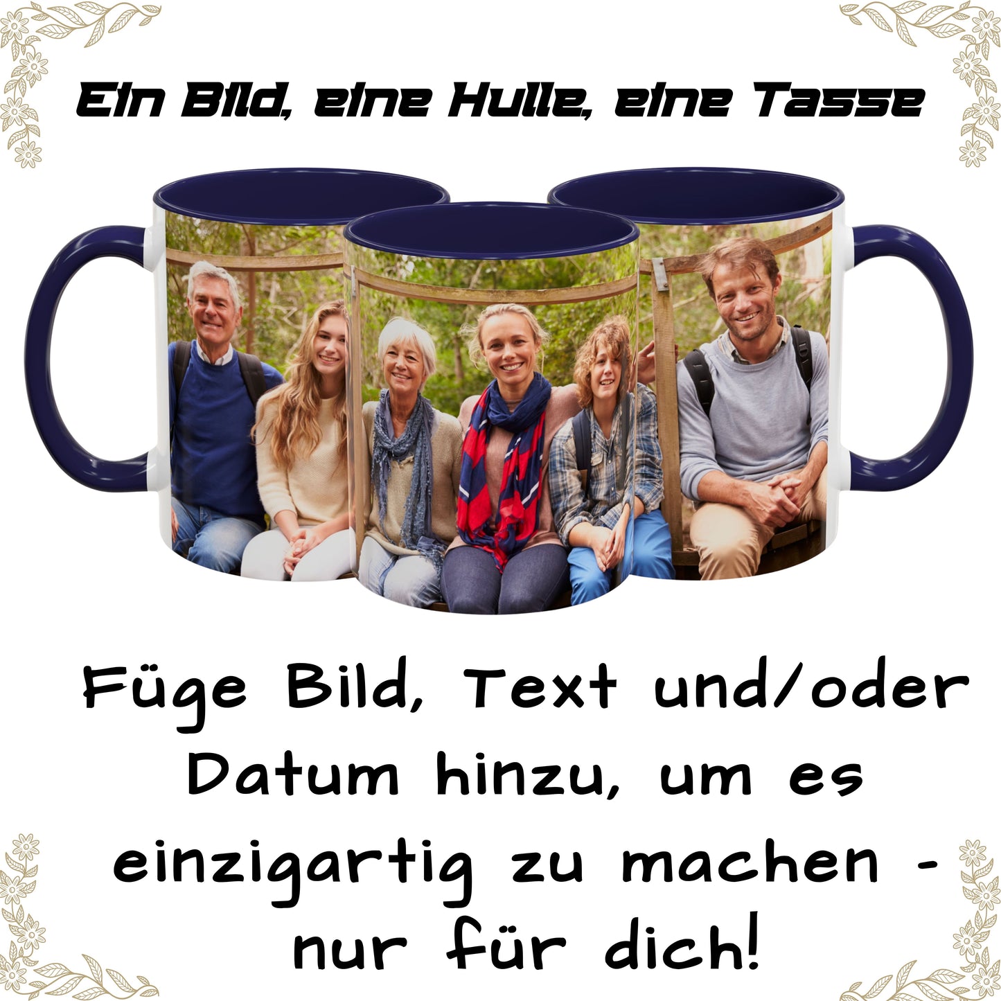 Personalisierte Tasse, weiß/marineblau, 325 ml, mit Foto, Text oder Logo, Rundum-Design