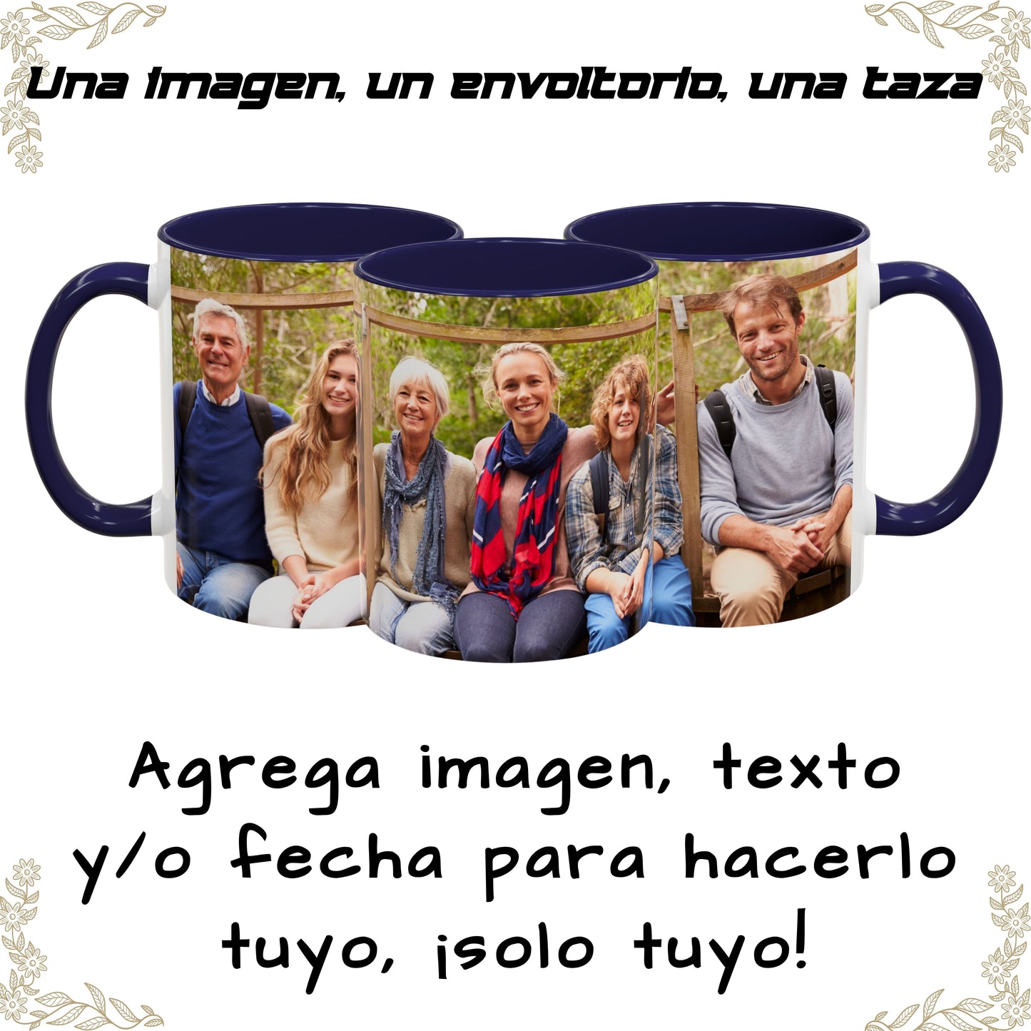Taza personalizada, 325ml Blanco/azul marino Diseño envolvente Cerámica Taza de café, Regalo personalizado con foto, texto o logo