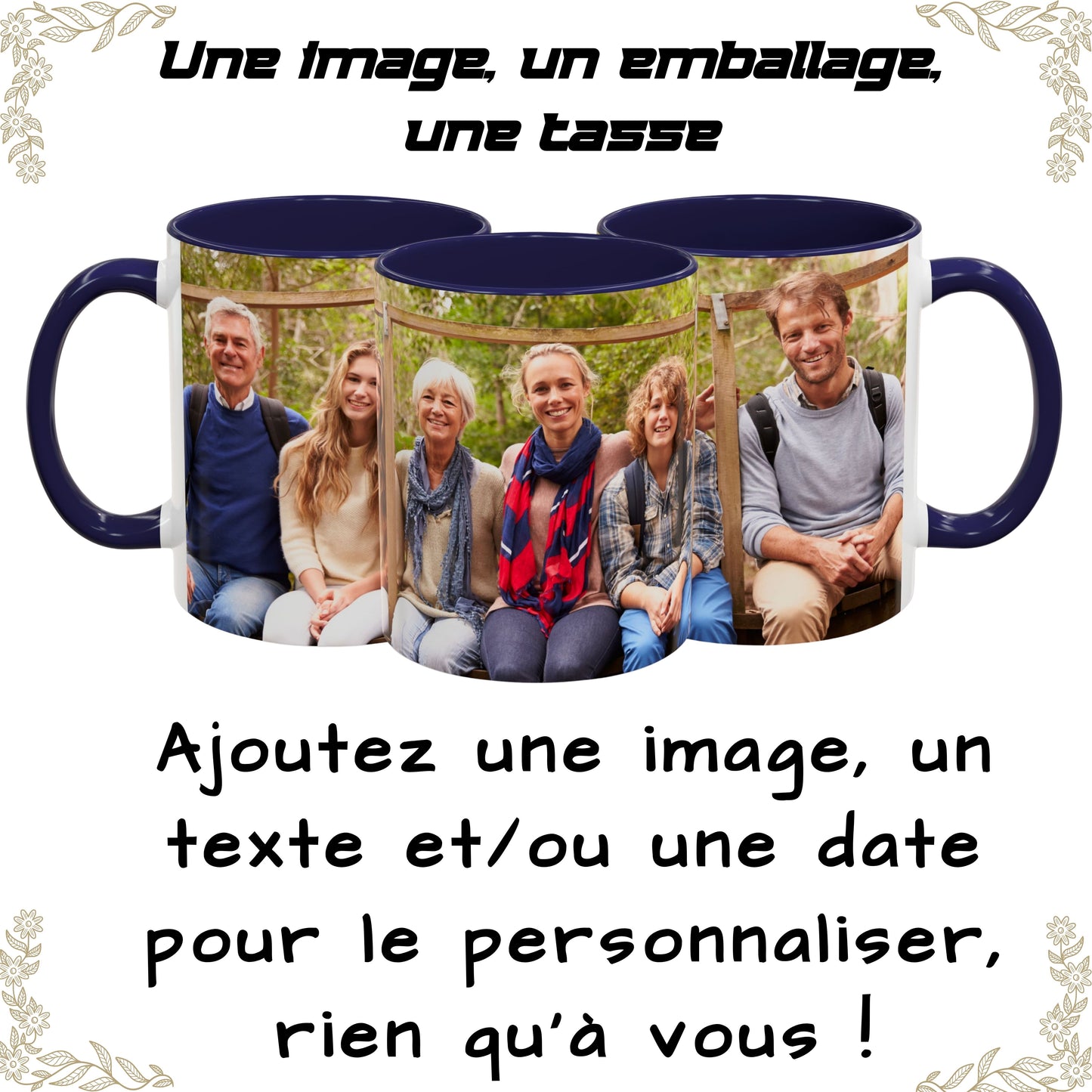 Individuelle Tasse, 325ml, weiß/marineblau, Keramik-Kaffeetasse mit umlaufendem Design, personalisiertes Geschenk mit Foto, Text oder Logo