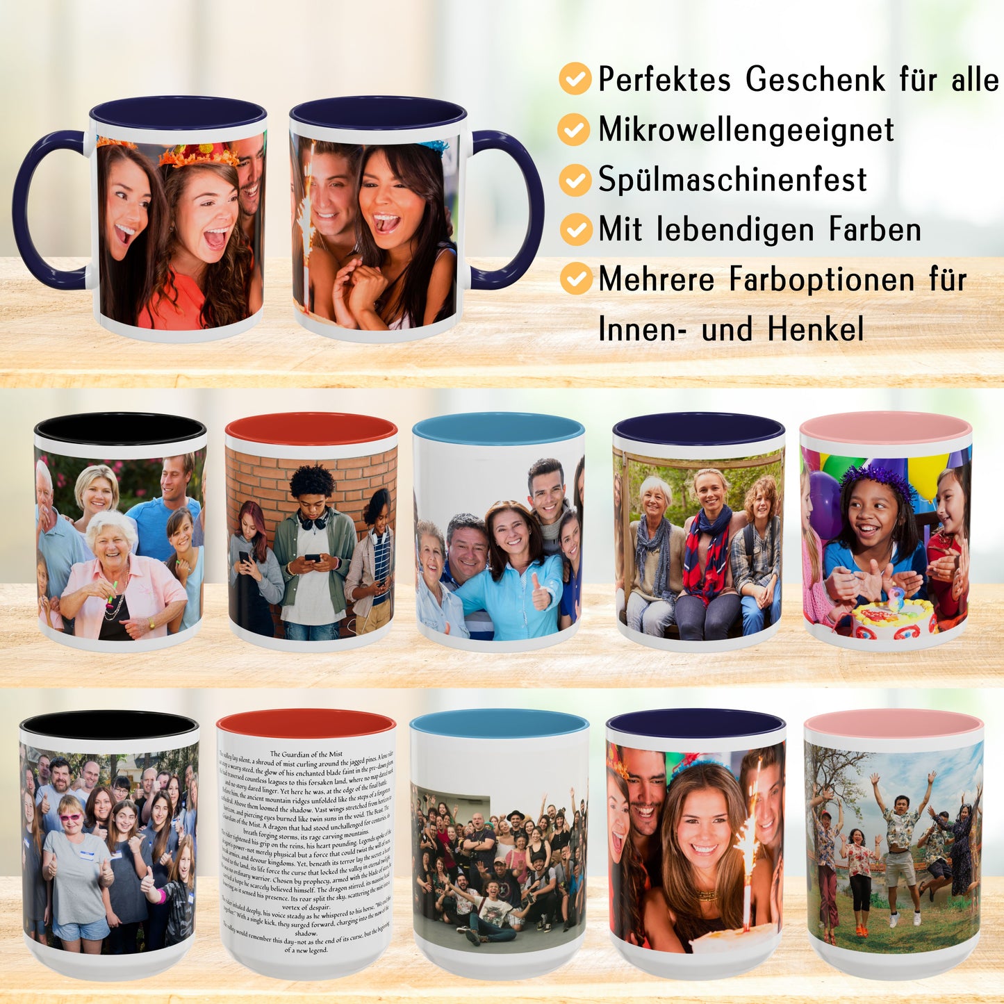 Personalisierte Tasse, weiß/marineblau, 325 ml, mit Foto, Text oder Logo, Rundum-Design