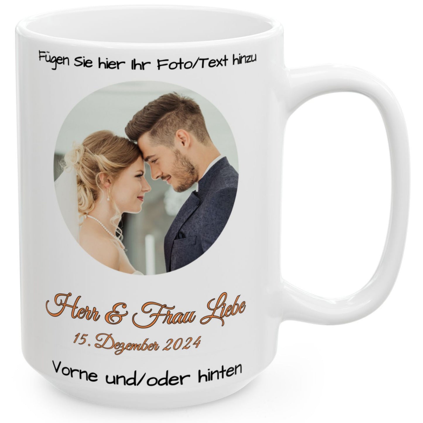 Personalisierte Tasse, ganz in Weiß, 440 ml, Geschenkidee mit Foto, Text oder Logo, Kreisdesign