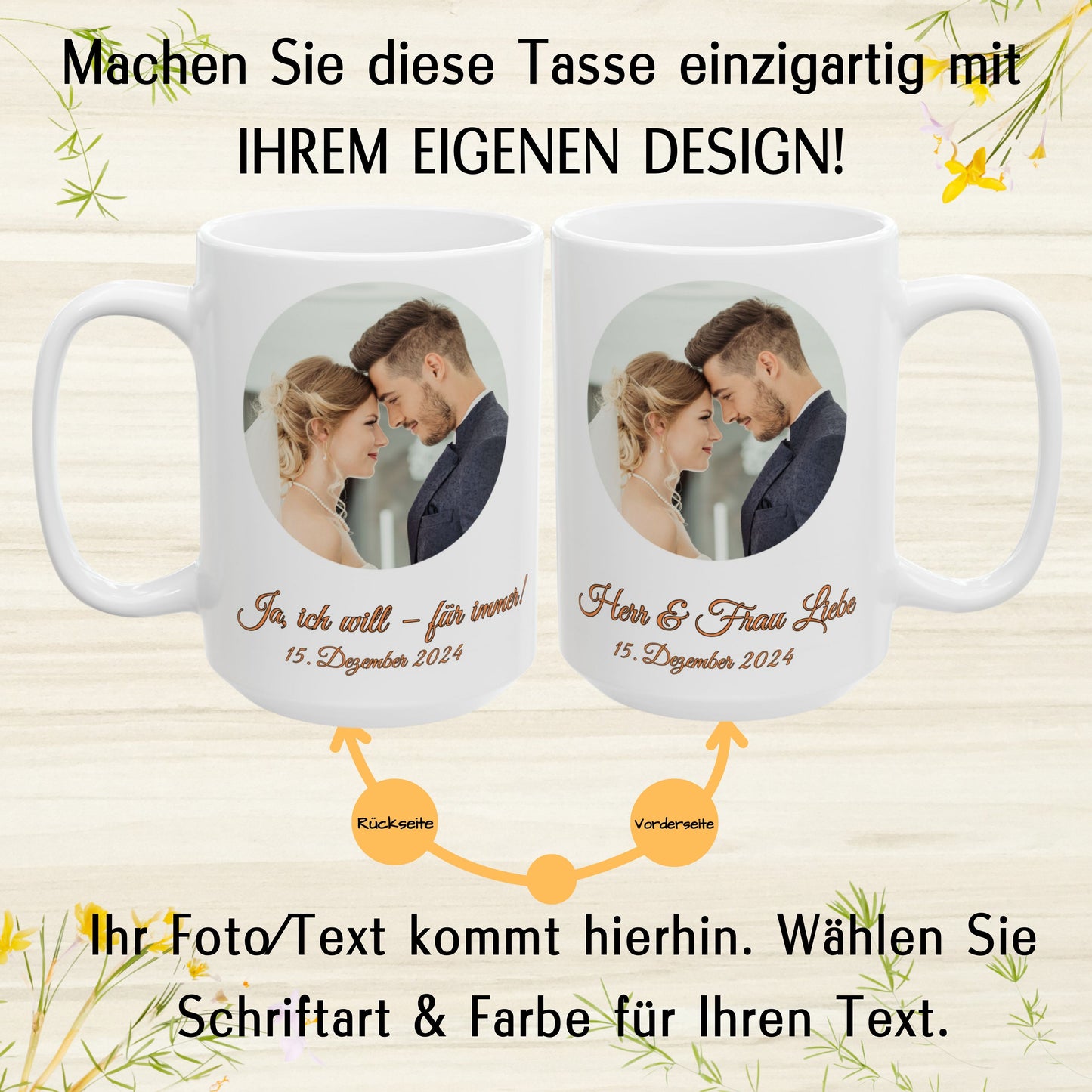 Personalisierte Tasse, ganz in Weiß, 440 ml, Geschenkidee mit Foto, Text oder Logo, Kreisdesign