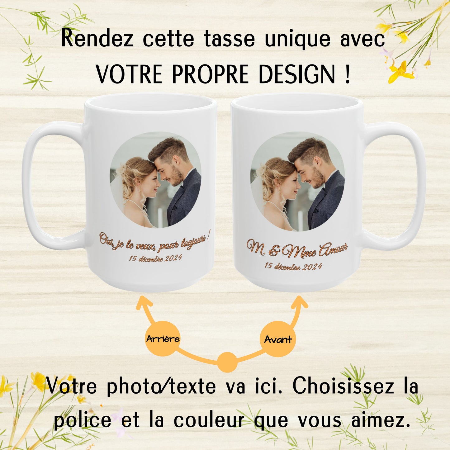 Mug personnalisé, Mug à café en céramique entièrement blanc de 425 ml avec motif circulaire, Cadeau personnalisé avec photo, texte ou logo