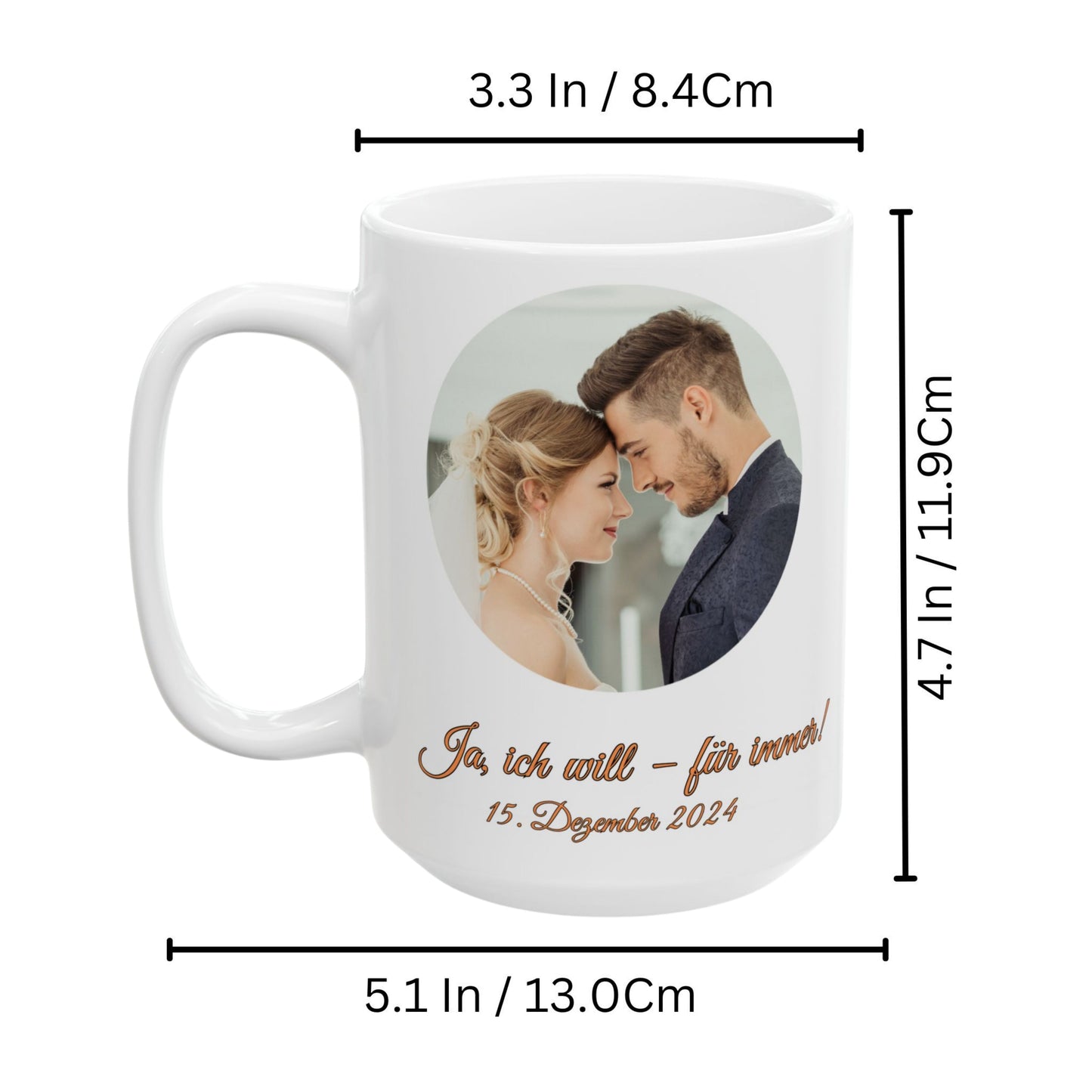 Personalisierte Tasse, ganz in Weiß, 440 ml, Geschenkidee mit Foto, Text oder Logo, Kreisdesign