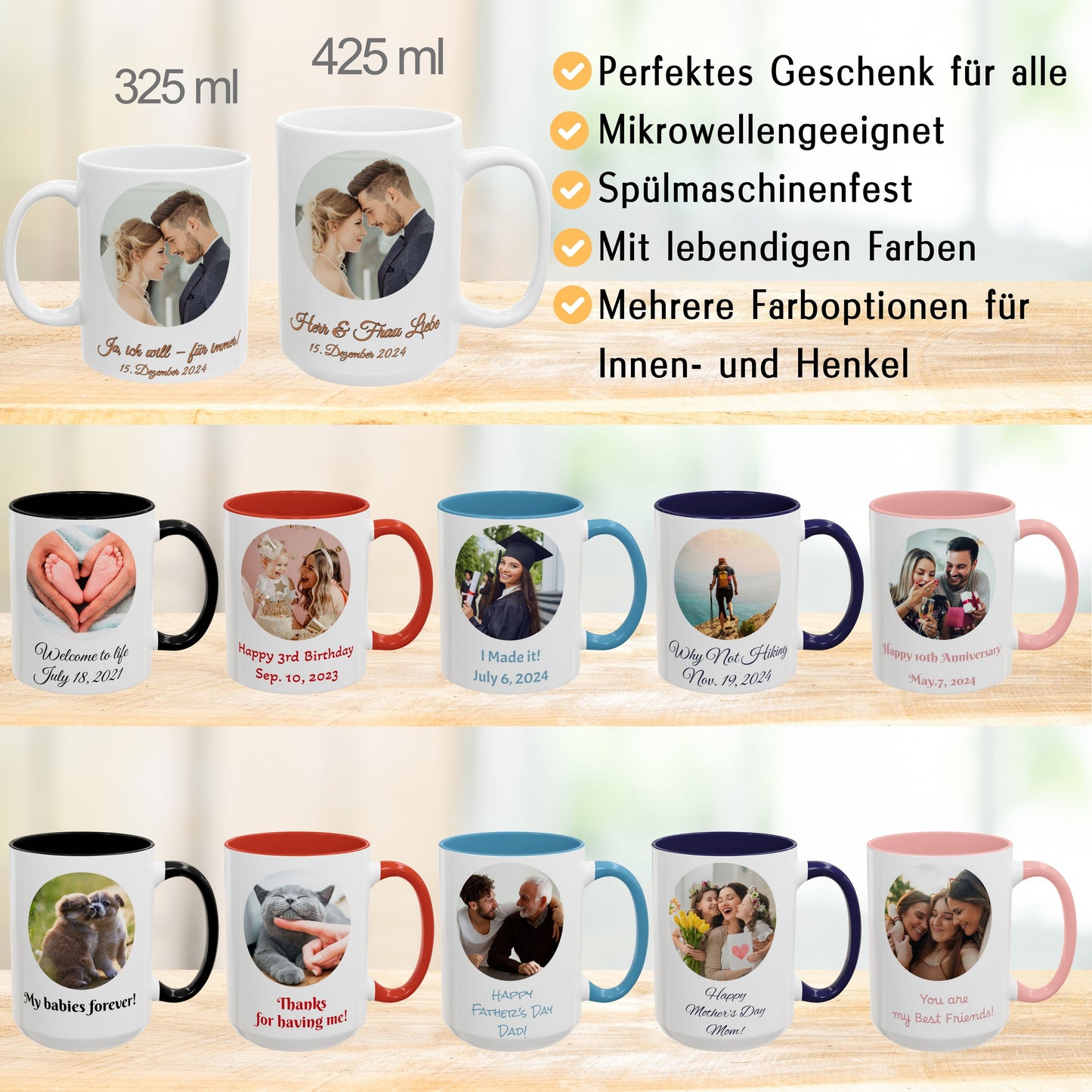 Personalisierte Tasse, ganz in Weiß, 440 ml, Geschenkidee mit Foto, Text oder Logo, Kreisdesign