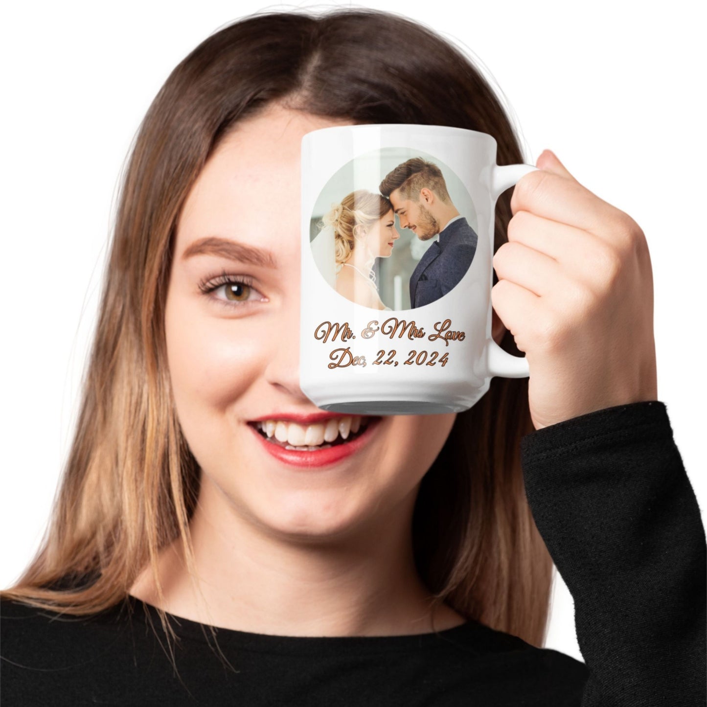 Mug personnalisé, Mug à café en céramique entièrement blanc de 425 ml avec motif circulaire, Cadeau personnalisé avec photo, texte ou logo