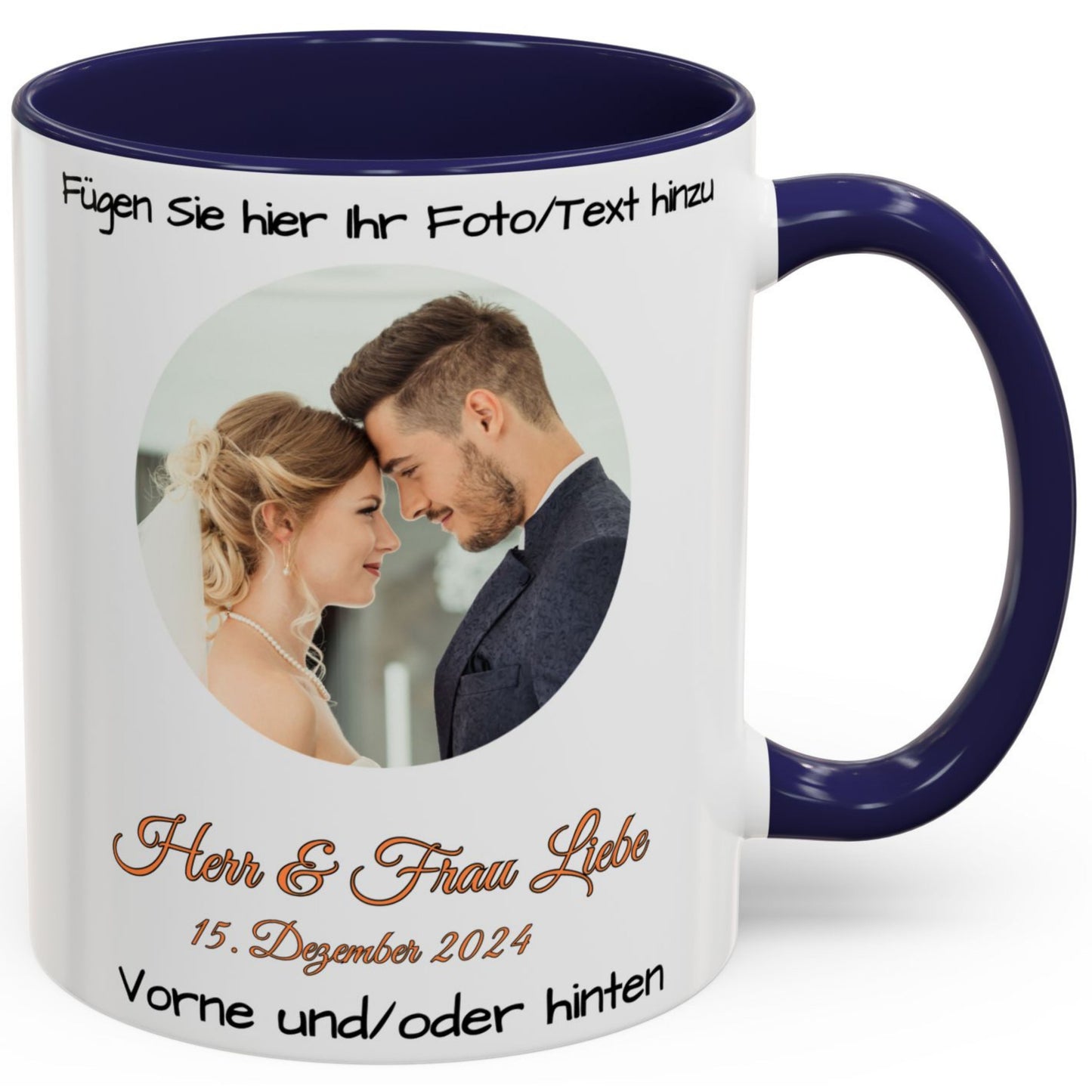 Personalisierte Tasse, weiß/marineblau, 325 ml, mit Foto, Text oder Logo, Kreisdesign