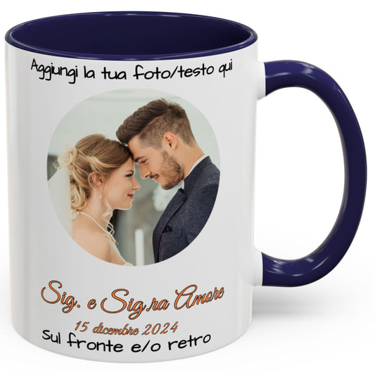Tazza personalizzata, 325 ml Bianco/blu navy Design circolare Tazza da caffè in ceramica, Regalo personalizzato con foto, testo o logo