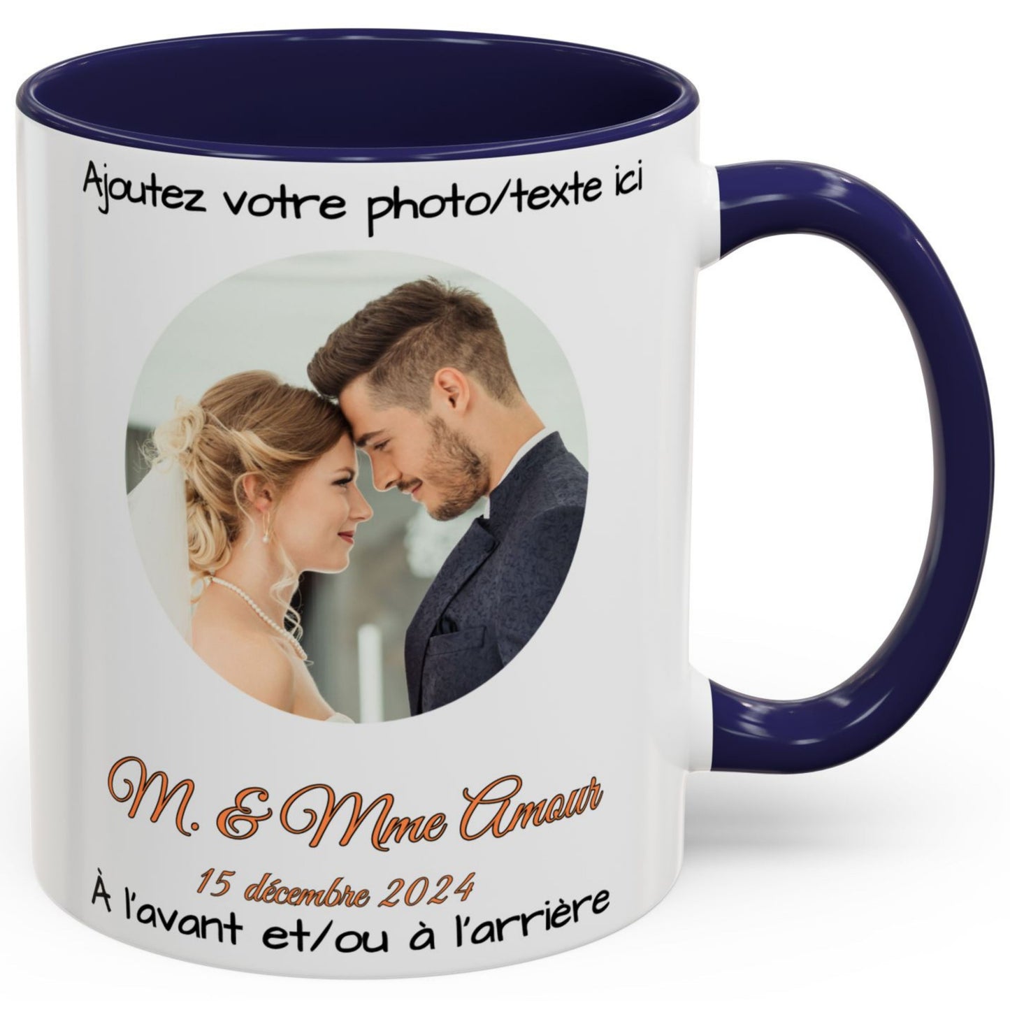 Mug personnalisé, Tasse à café en céramique 325 ml, design cercle blanc/bleu marine, cadeau personnalisé avec photo, texte ou logo