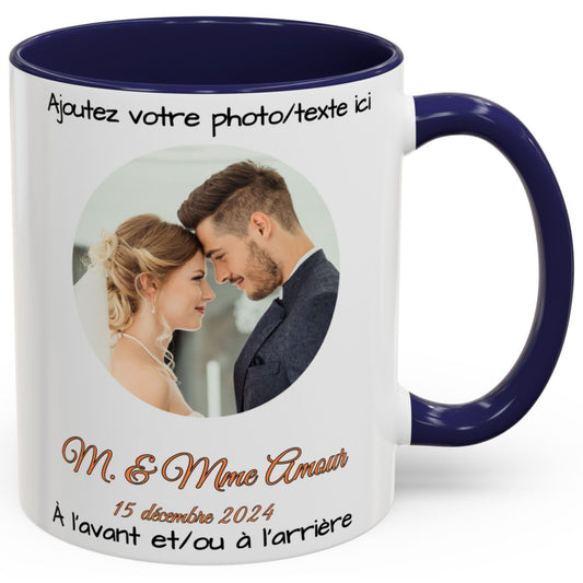 Custom Mug, 11oz White/Navy Circle Design Ceramic Coffee Mug, Personalized Gift with Photo, Text or Logo