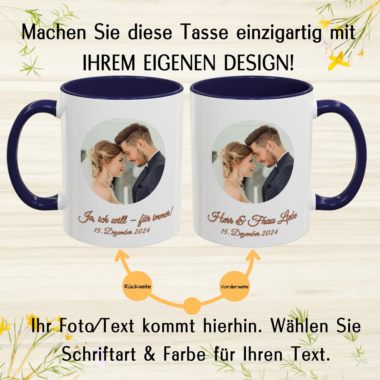 Personalisierte Tasse, weiß/marineblau, 325 ml, mit Foto, Text oder Logo, Kreisdesign