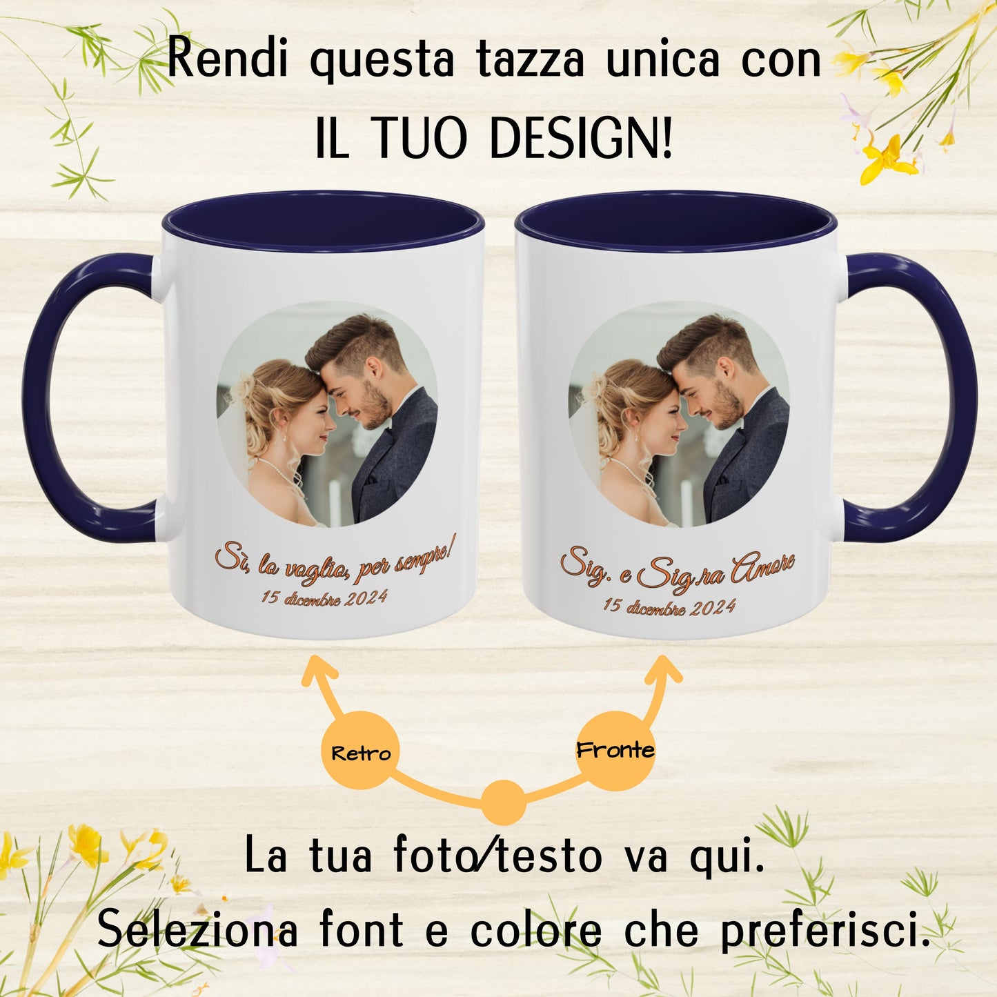 Tazza personalizzata, 325 ml Bianco/blu navy Design circolare Tazza da caffè in ceramica, Regalo personalizzato con foto, testo o logo