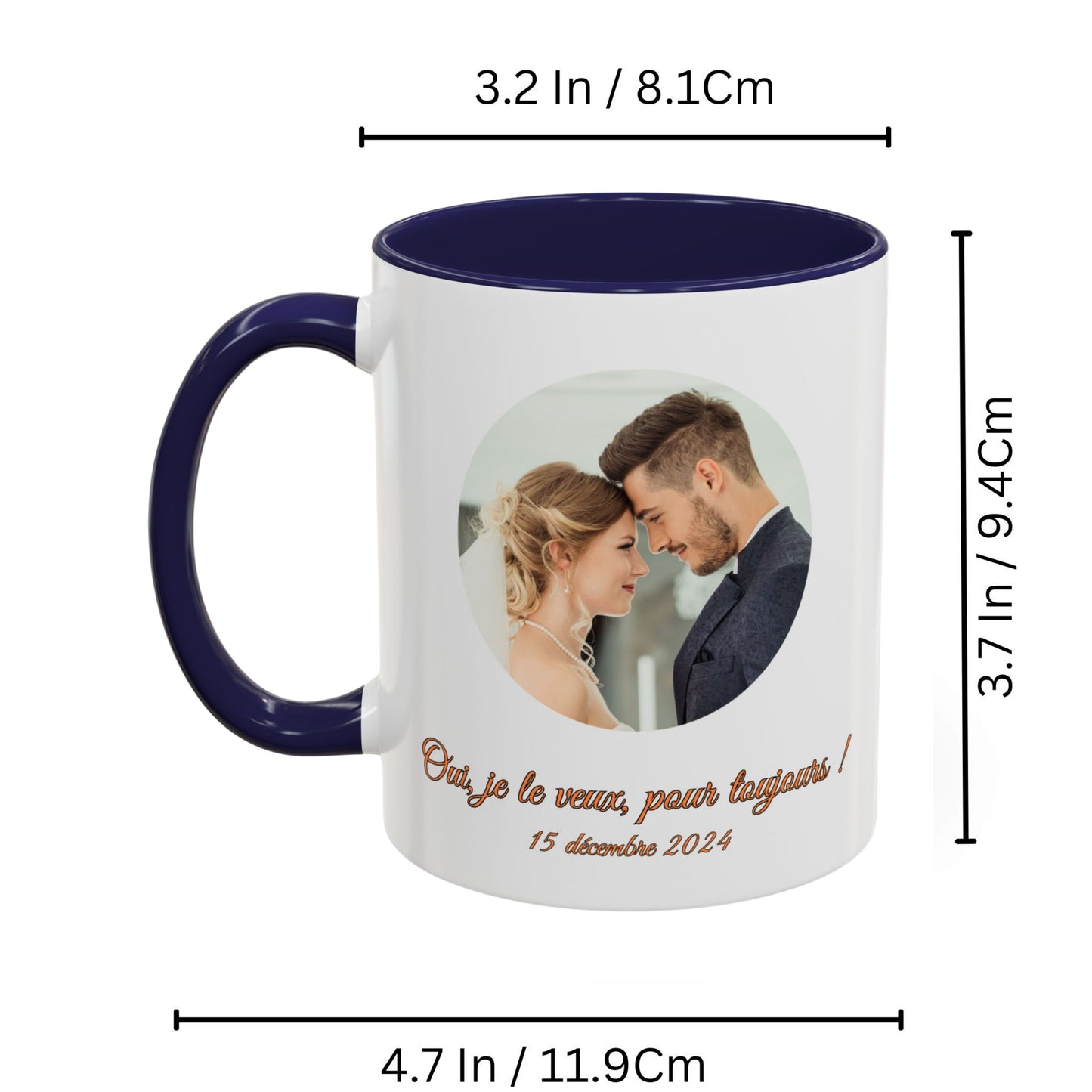 Mug personnalisé, Tasse à café en céramique 325 ml, design cercle blanc/bleu marine, cadeau personnalisé avec photo, texte ou logo