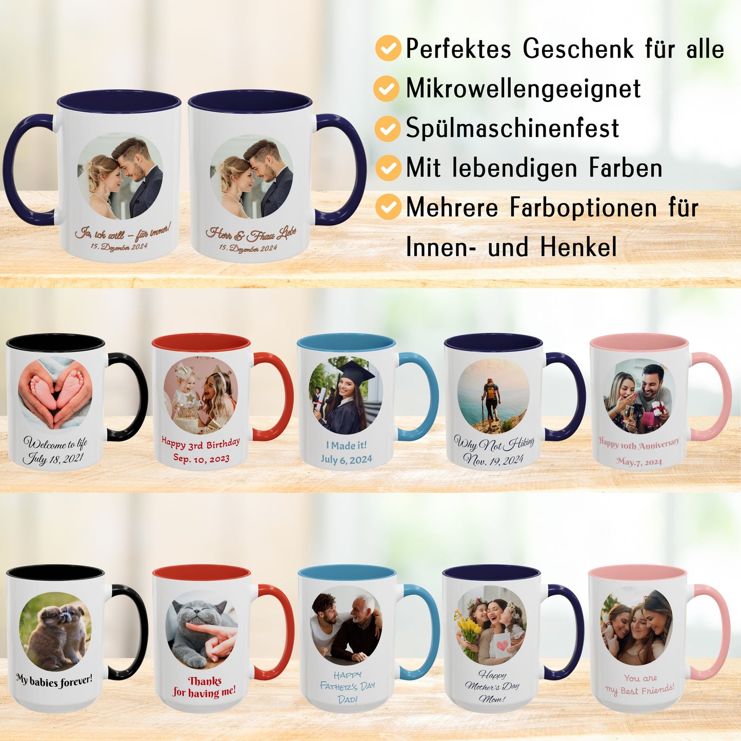 Personalisierte Tasse, weiß/marineblau, 325 ml, mit Foto, Text oder Logo, Kreisdesign