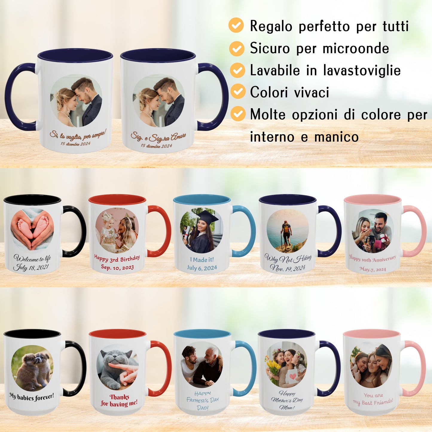 Tazza personalizzata, 325 ml Bianco/blu navy Design circolare Tazza da caffè in ceramica, Regalo personalizzato con foto, testo o logo