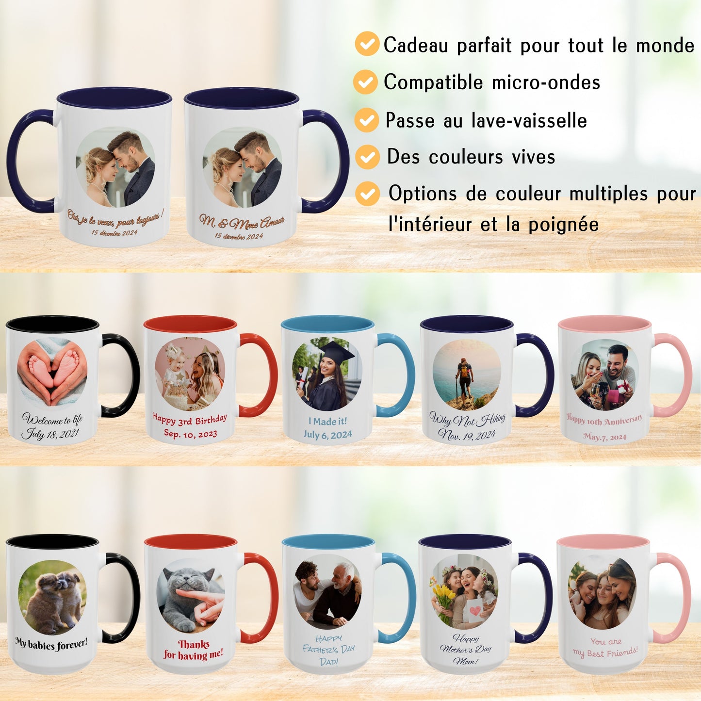 Mug personnalisé, Tasse à café en céramique 325 ml, design cercle blanc/bleu marine, cadeau personnalisé avec photo, texte ou logo
