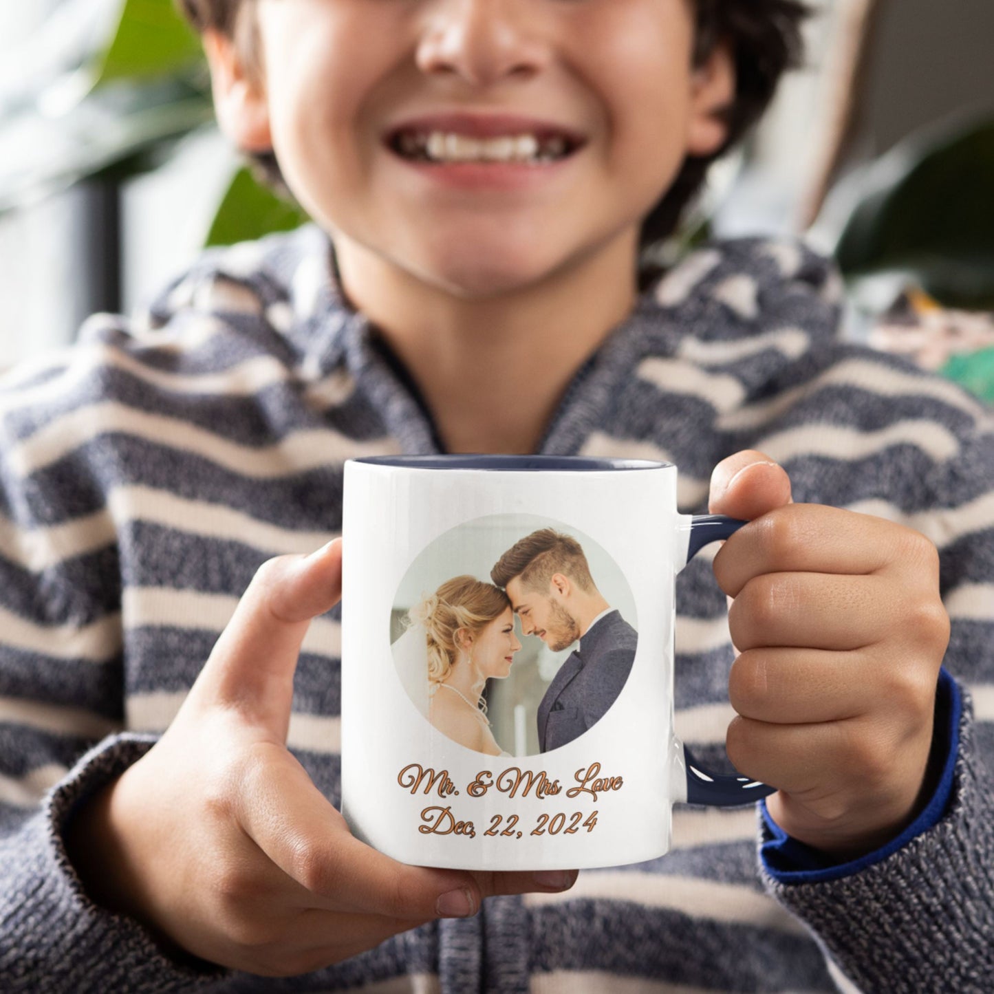 Mug personnalisé, Tasse à café en céramique 325 ml, design cercle blanc/bleu marine, cadeau personnalisé avec photo, texte ou logo