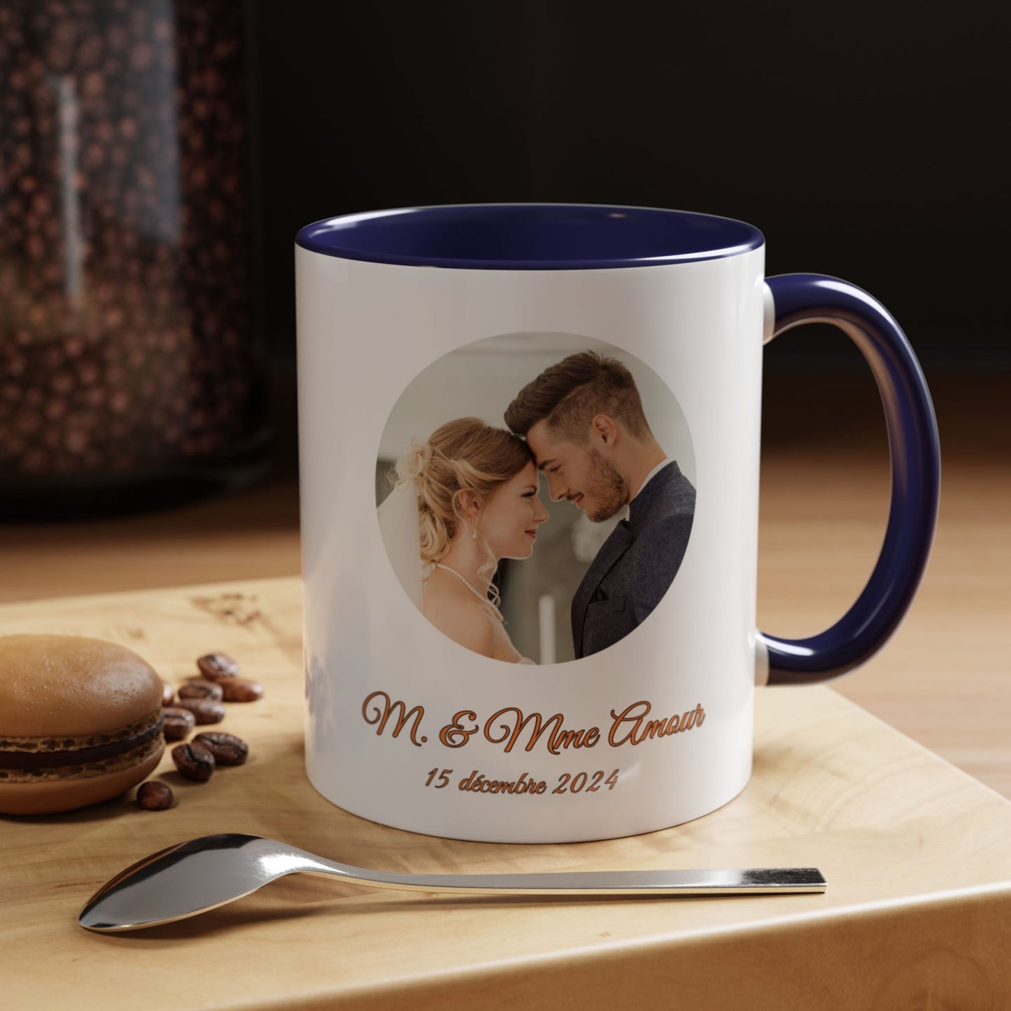 Mug personnalisé, Tasse à café en céramique 325 ml, design cercle blanc/bleu marine, cadeau personnalisé avec photo, texte ou logo