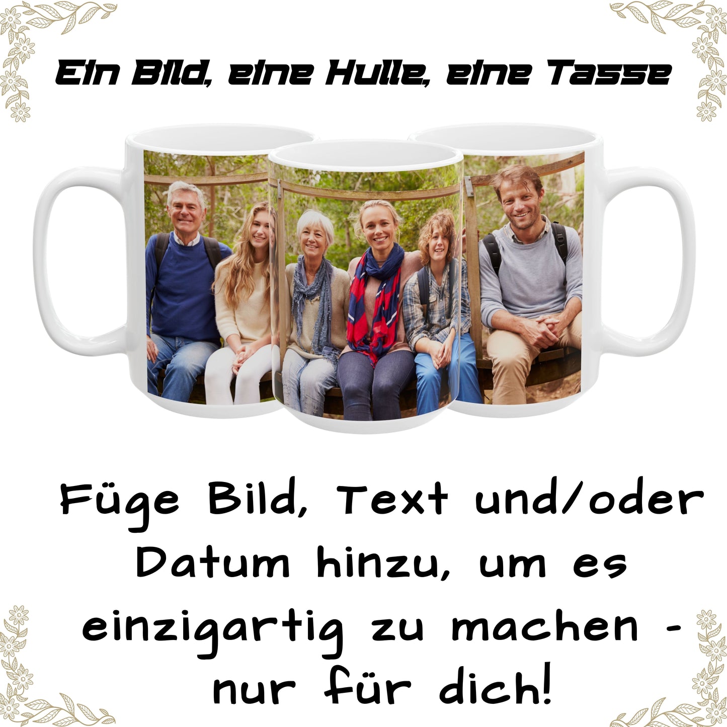 Tasse nach Wunsch, 425 ml, komplett weiß, umlaufendes Design, Keramiktasse, personalisiertes Geschenk mit Foto, Text oder Logo