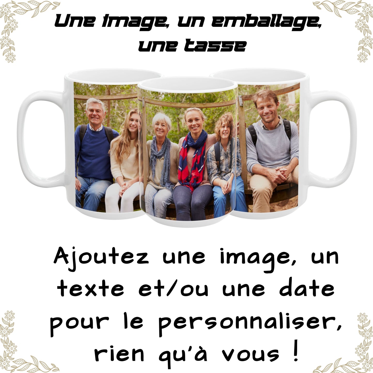 Mug personnalisé, Tasse à café en céramique blanche de 425 ml avec motif enveloppant, Cadeau personnalisé avec photo, texte ou logo