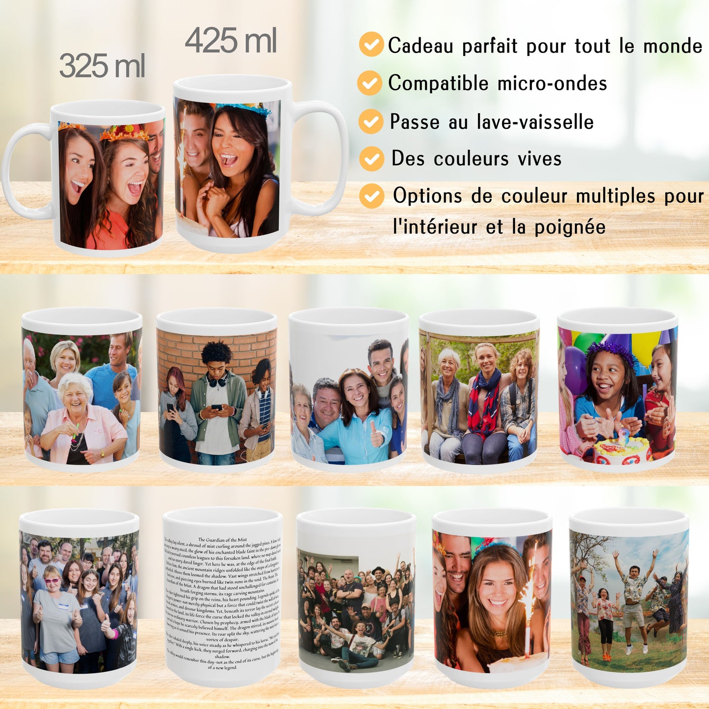Mug personnalisé, Tasse à café en céramique blanche de 425 ml avec motif enveloppant, Cadeau personnalisé avec photo, texte ou logo