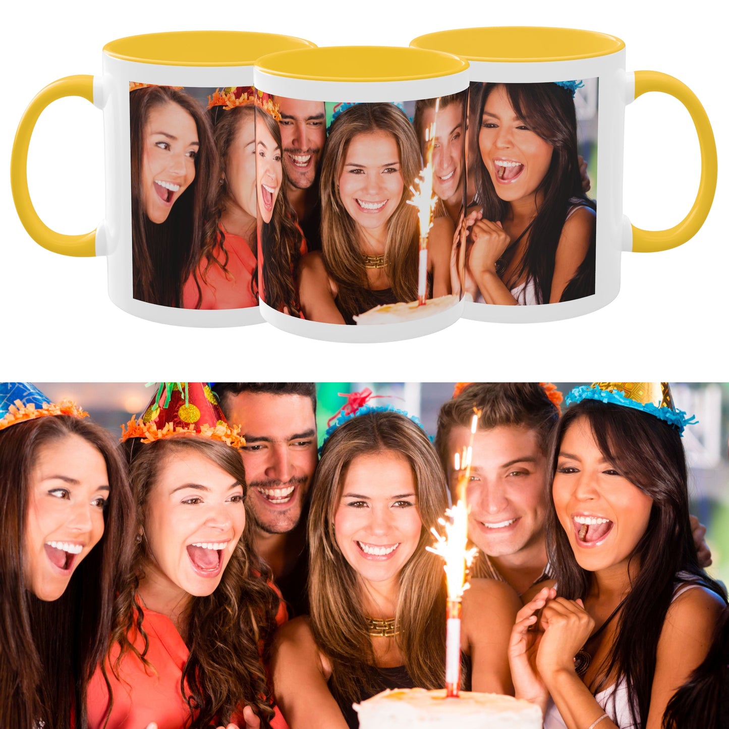 Personalisierte Tasse, 325 ml Weiß/Goldgelb Rundum-Design Keramikkaffeetasse, personalisiertes Geschenk mit Foto, Text oder Logo