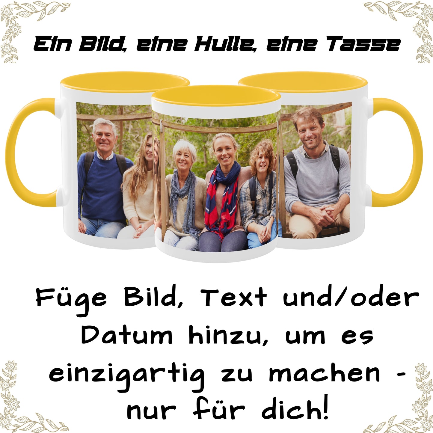 Mug personnalisé, mug à café en céramique 325 ml blanc/jaune doré, motif panoramique, cadeau personnalisé avec photo, texte ou logo