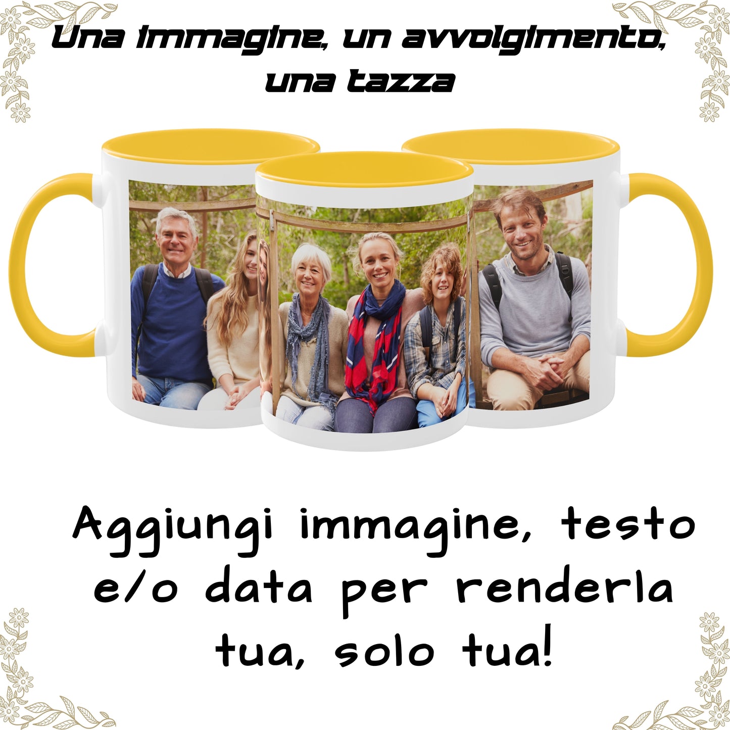 Personalisierte Tasse, 325 ml Weiß/Goldgelb Rundum-Design Keramikkaffeetasse, personalisiertes Geschenk mit Foto, Text oder Logo