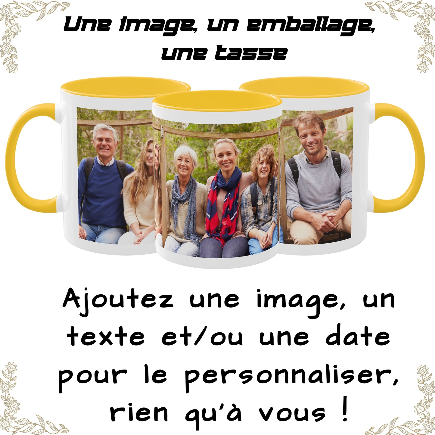 Mug personnalisé, mug à café en céramique 325 ml blanc/jaune doré, motif panoramique, cadeau personnalisé avec photo, texte ou logo