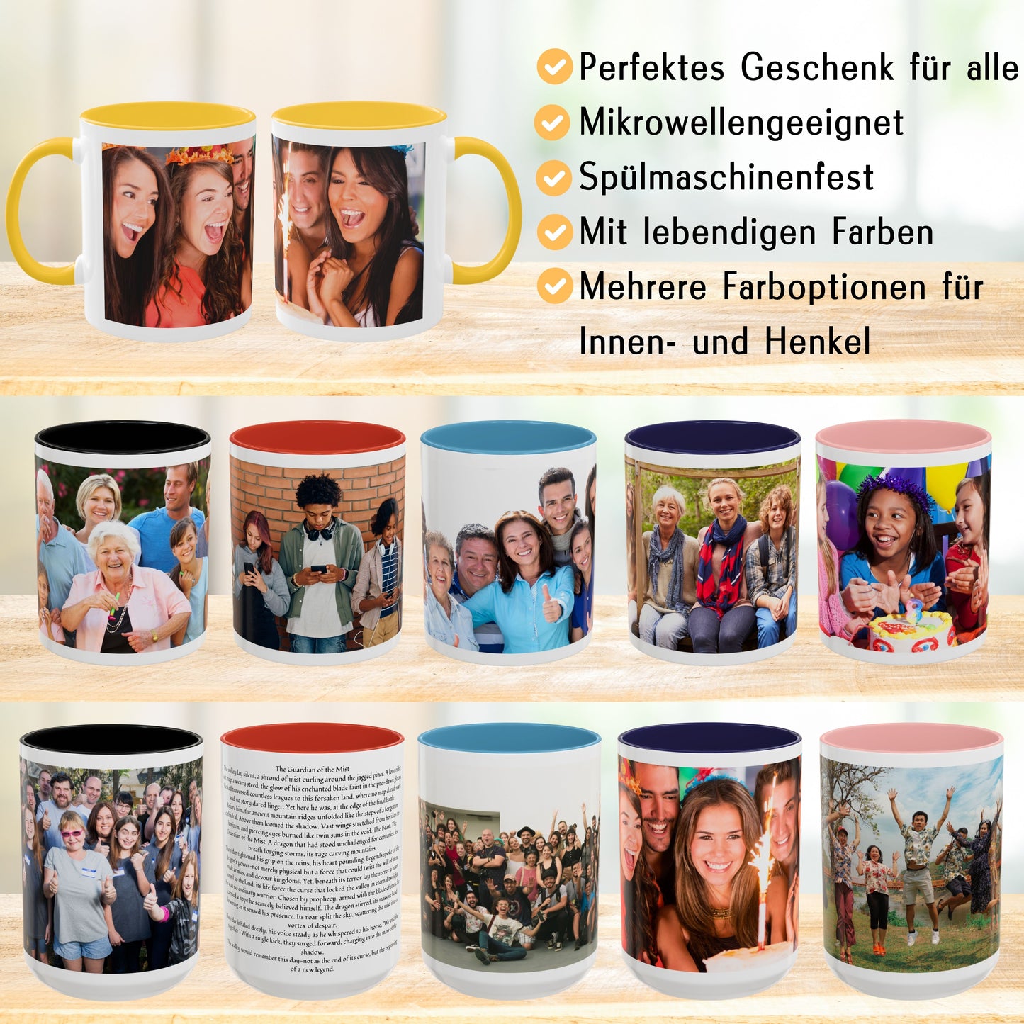 Mug personnalisé, mug à café en céramique 325 ml blanc/jaune doré, motif panoramique, cadeau personnalisé avec photo, texte ou logo