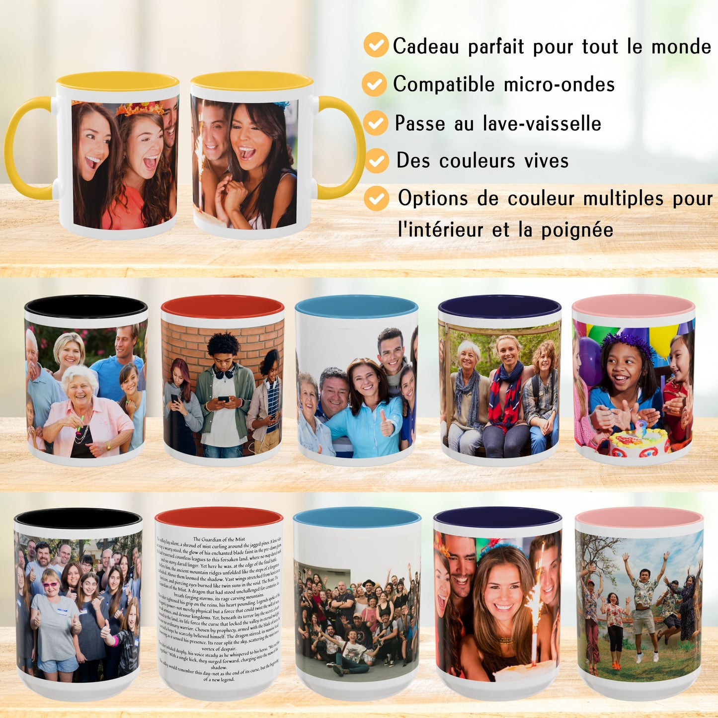 Mug personnalisé, mug à café en céramique 325 ml blanc/jaune doré, motif panoramique, cadeau personnalisé avec photo, texte ou logo