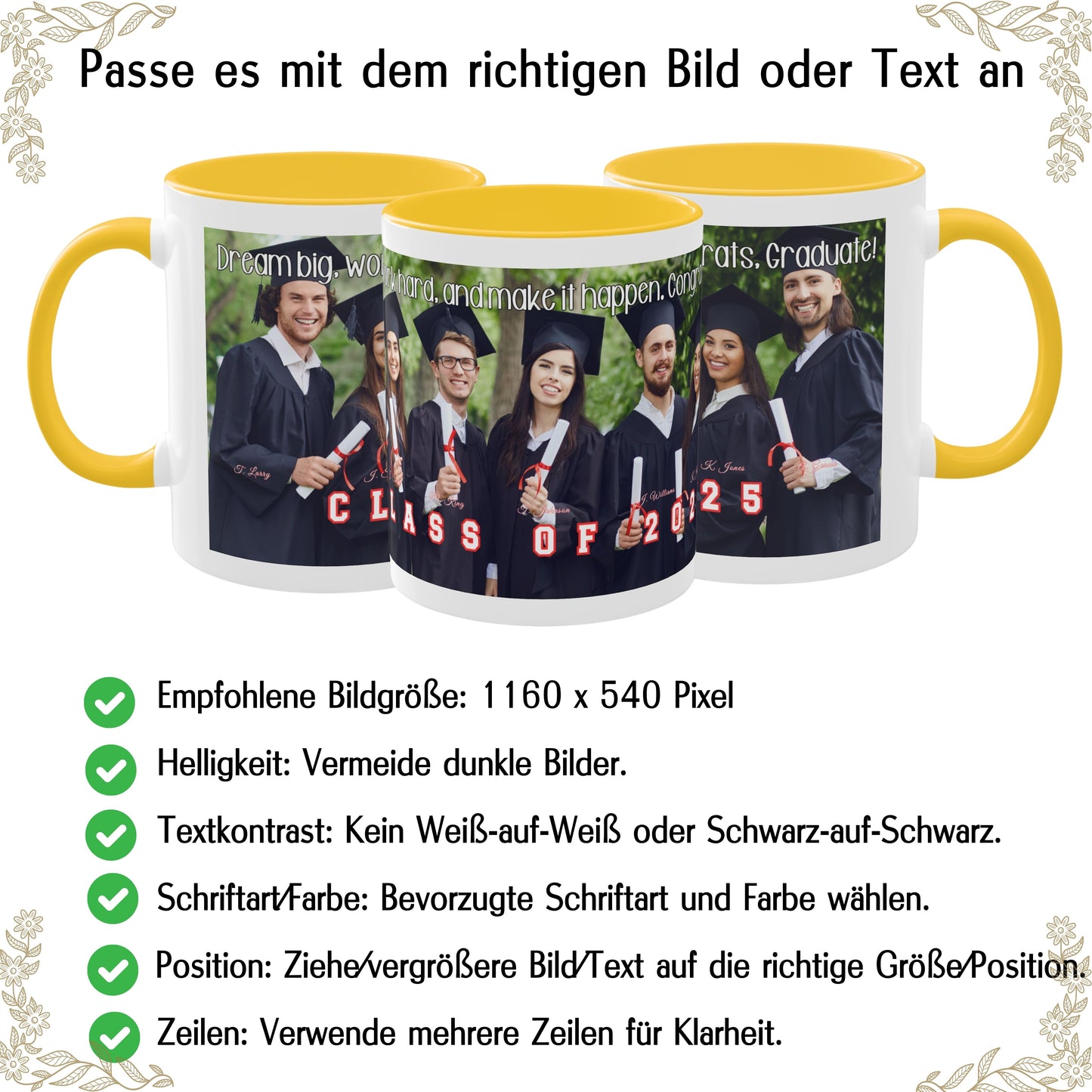 Mug personnalisé, mug à café en céramique 325 ml blanc/jaune doré, motif panoramique, cadeau personnalisé avec photo, texte ou logo
