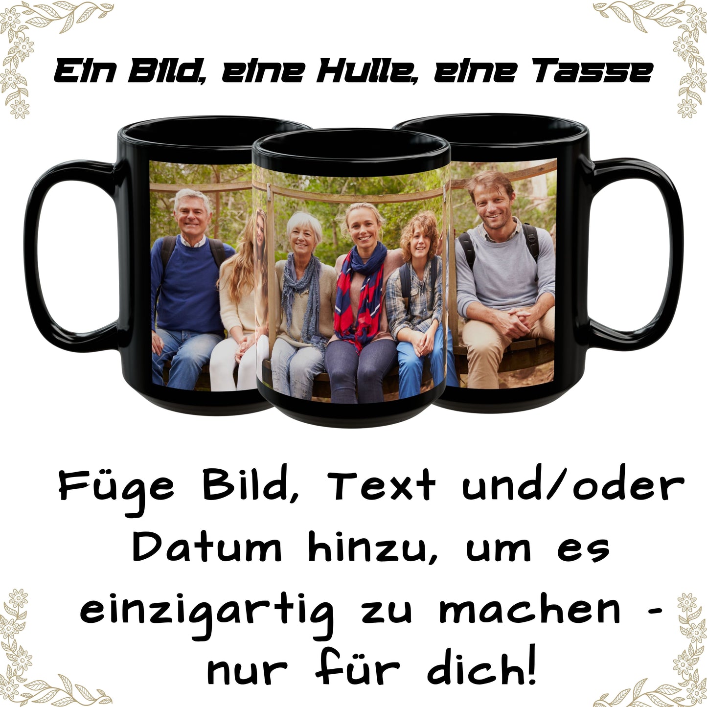 Mug personnalisé, Mug en céramique noir de 425 ml avec motif enveloppant, Cadeau personnalisé avec photo, texte ou logo