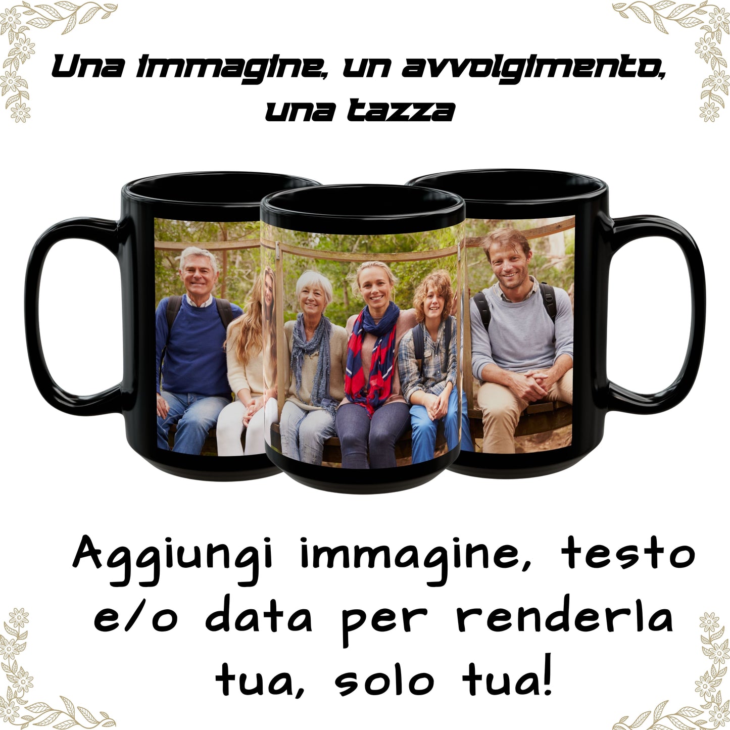 Personalisierte Tasse, 425 ml, komplett schwarzes umlaufendes Design, Keramikkaffeetasse, personalisiertes Geschenk mit Foto, Text oder Logo