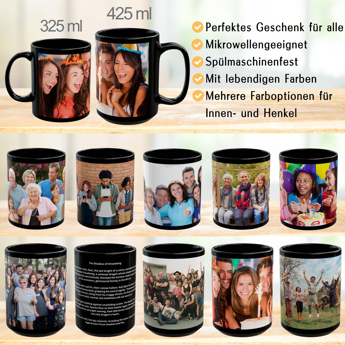 Mug personnalisé, Mug en céramique noir de 425 ml avec motif enveloppant, Cadeau personnalisé avec photo, texte ou logo