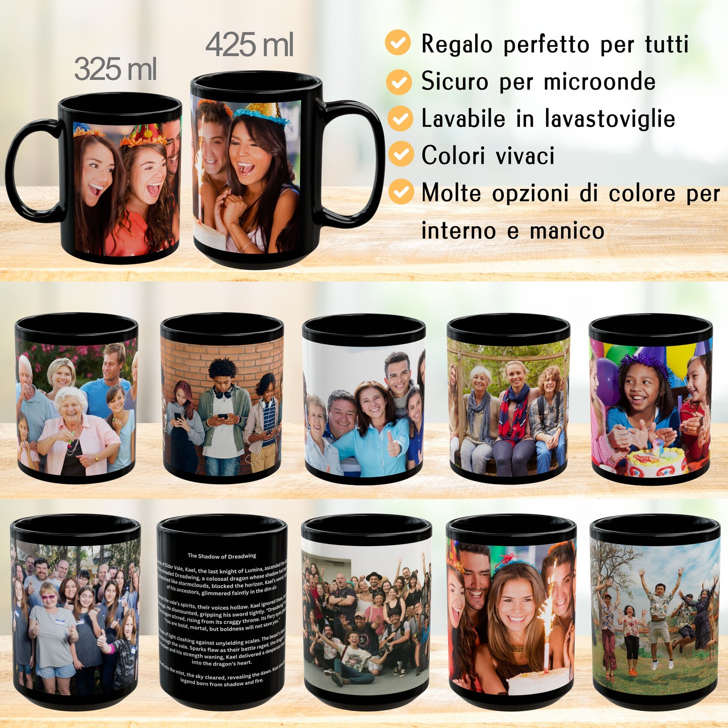 Personalisierte Tasse, 425 ml, komplett schwarzes umlaufendes Design, Keramikkaffeetasse, personalisiertes Geschenk mit Foto, Text oder Logo
