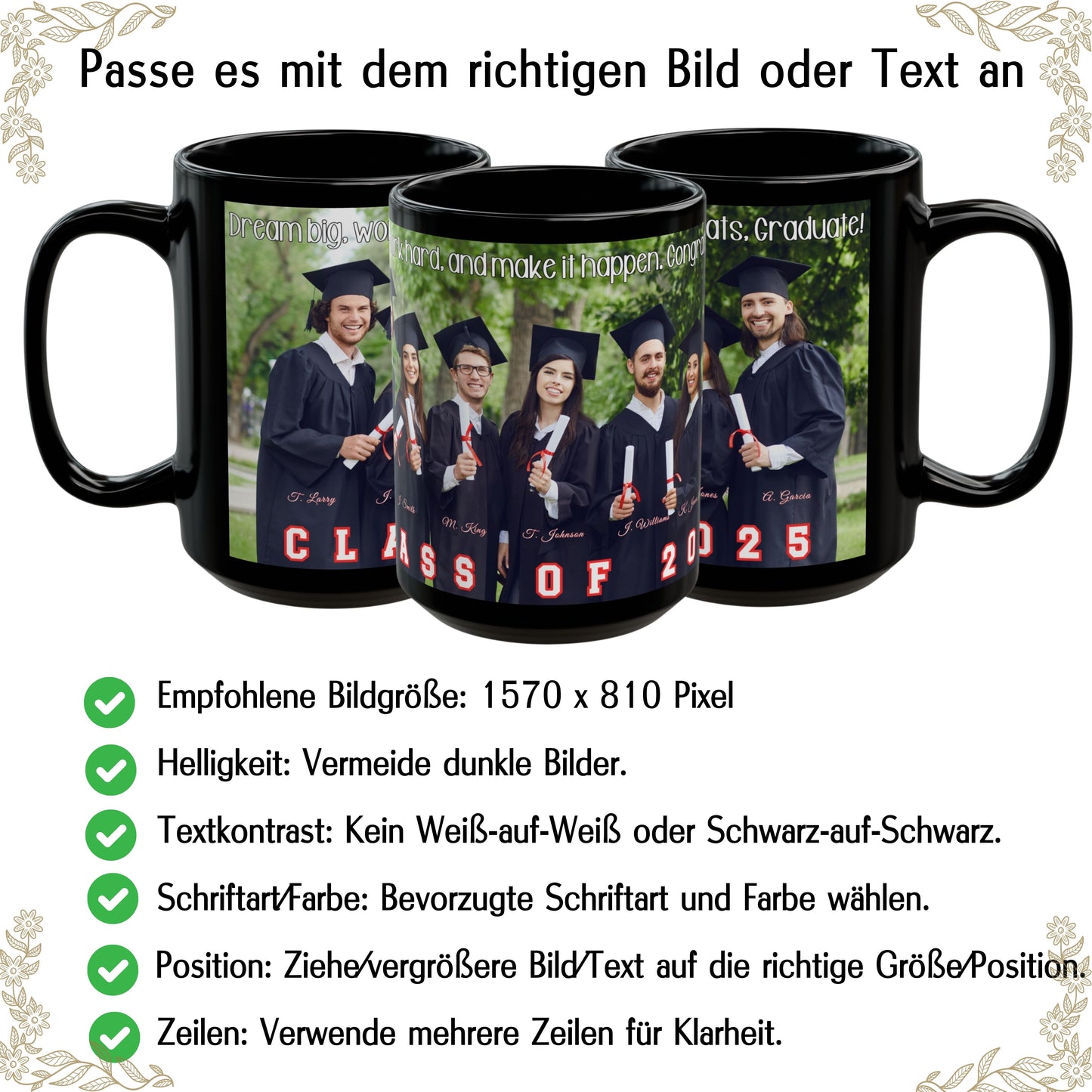 Mug personnalisé, Mug en céramique noir de 425 ml avec motif enveloppant, Cadeau personnalisé avec photo, texte ou logo