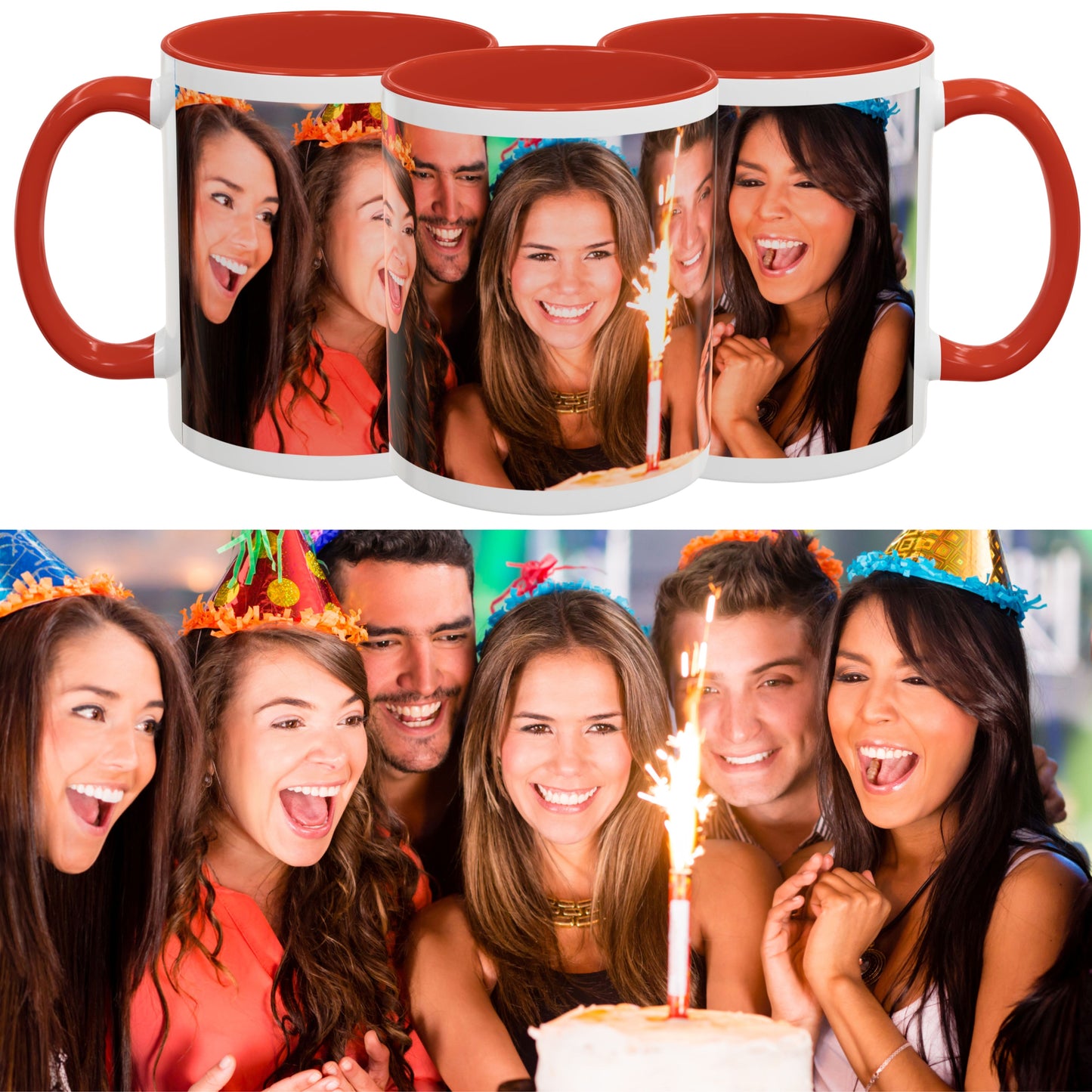 Personalisierte Tasse Weiß/Rot, 325 ml, Geschenkidee mit Foto, Text oder Logo, Rundum-Design