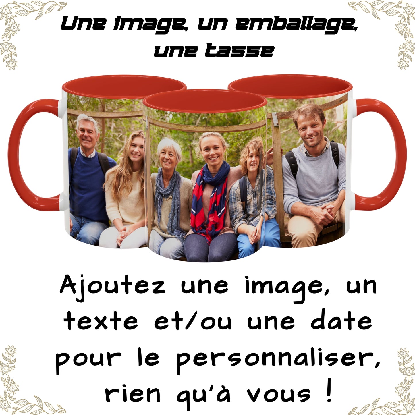 Benutzerdefinierte Tasse, 325ml Weiß/Rot umlaufendes Design Keramik-Kaffeetasse, personalisiertes Geschenk mit Foto, Text oder Logo