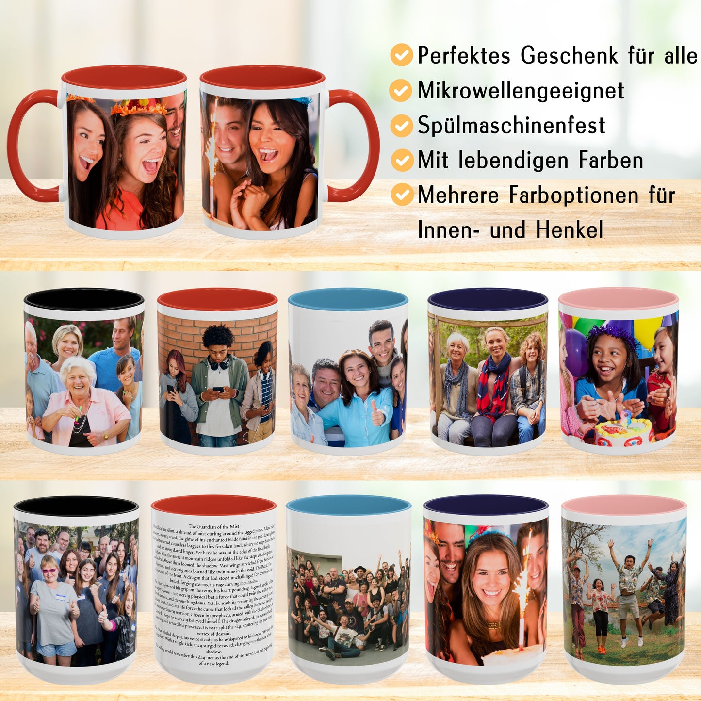 Personalisierte Tasse Weiß/Rot, 325 ml, Geschenkidee mit Foto, Text oder Logo, Rundum-Design