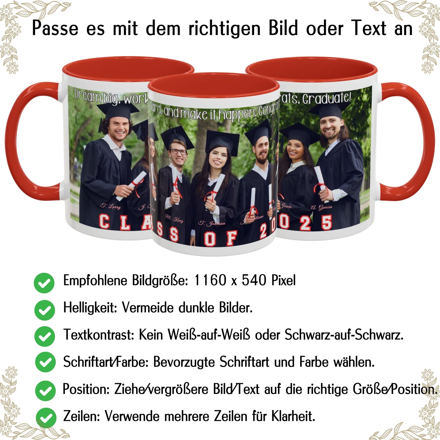 Personalisierte Tasse Weiß/Rot, 325 ml, Geschenkidee mit Foto, Text oder Logo, Rundum-Design